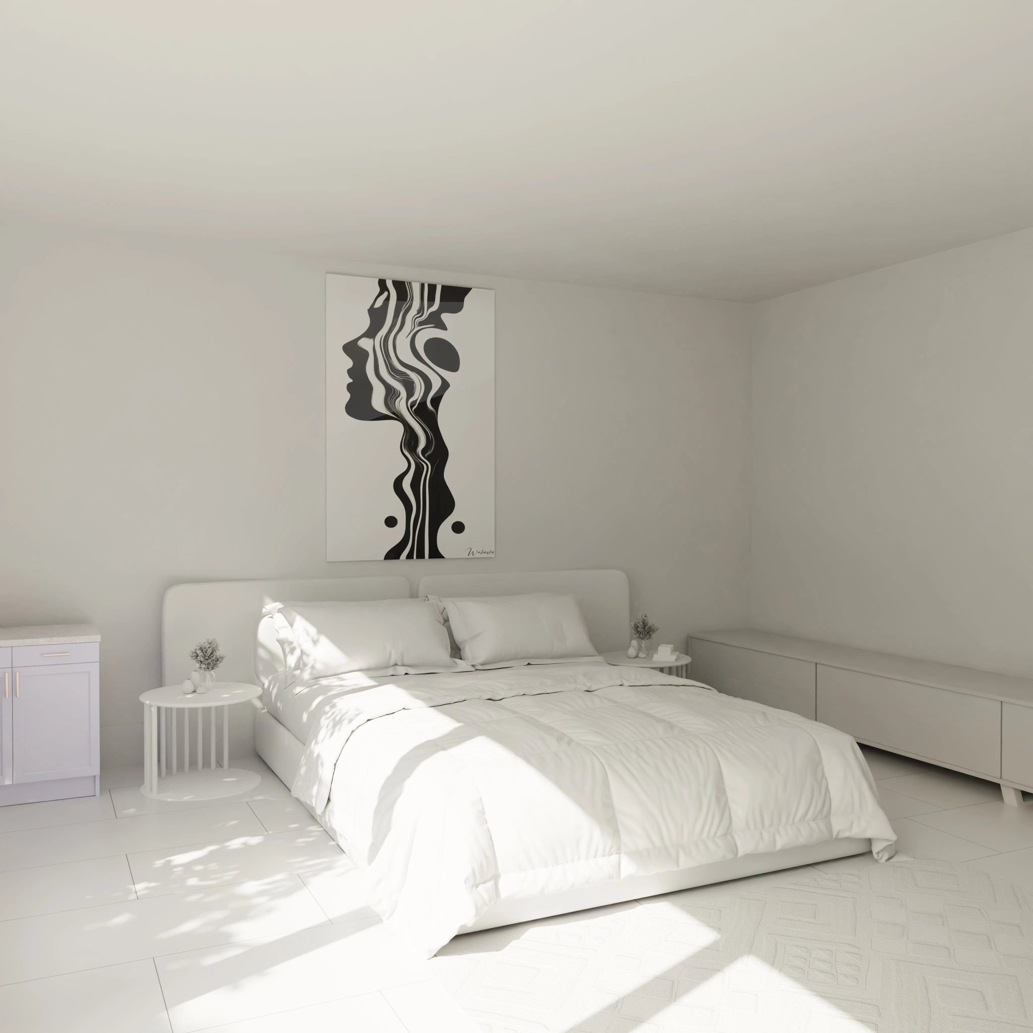 Un tableau rayures noir et blanc minimaliste représentant des silhouettes abstraites émergeant de lignes organiques sinueuses. Les contrastes marqués créent une profondeur visuelle, avec des transitions fluides entre les formes noires et les espaces blancs.
