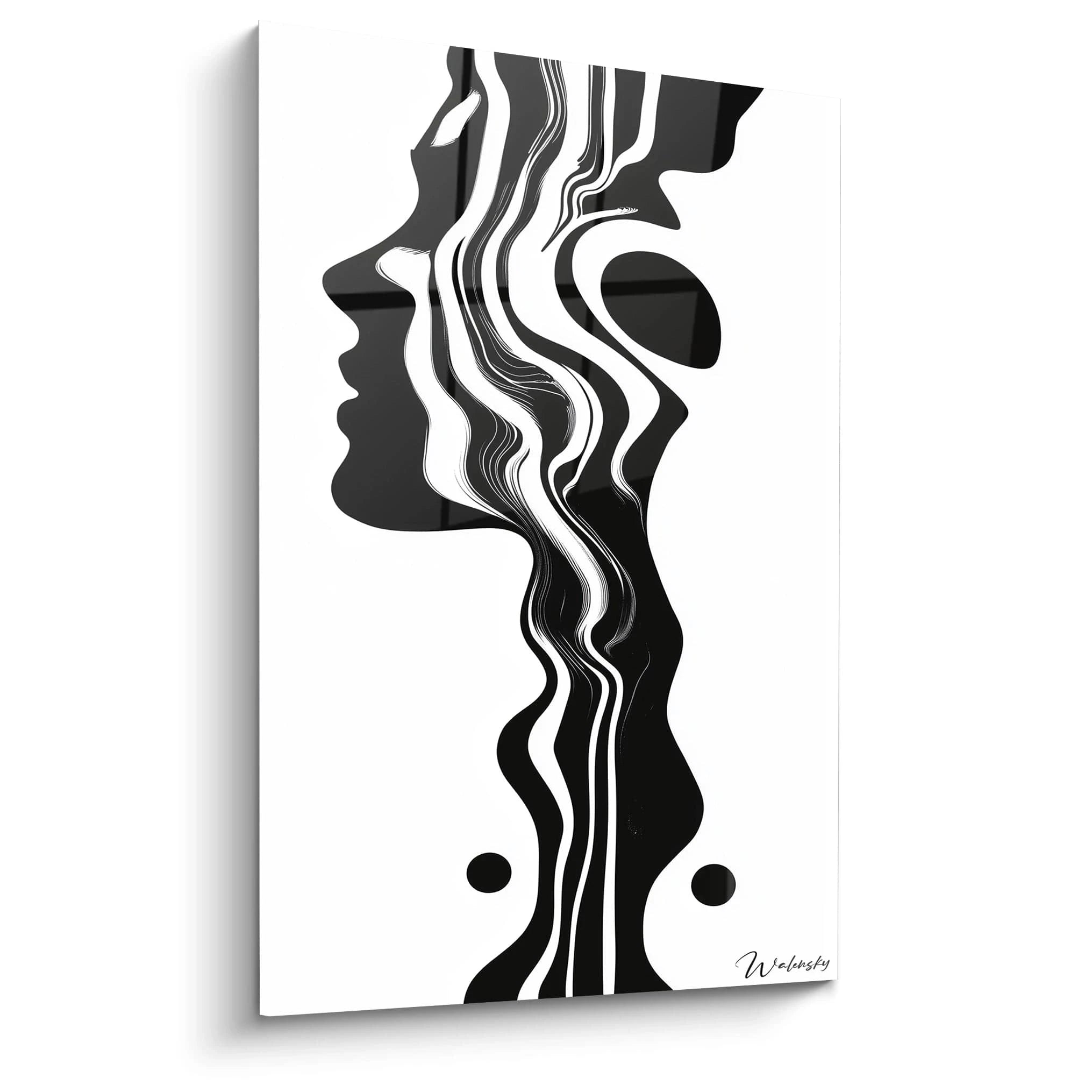 Un tableau rayures abstraites présentant des formes fluides en noir et blanc, avec des lignes ondulantes qui traversent verticalement la composition, créant un contraste saisissant et une impression de mouvement perpétuel sur fond blanc.
