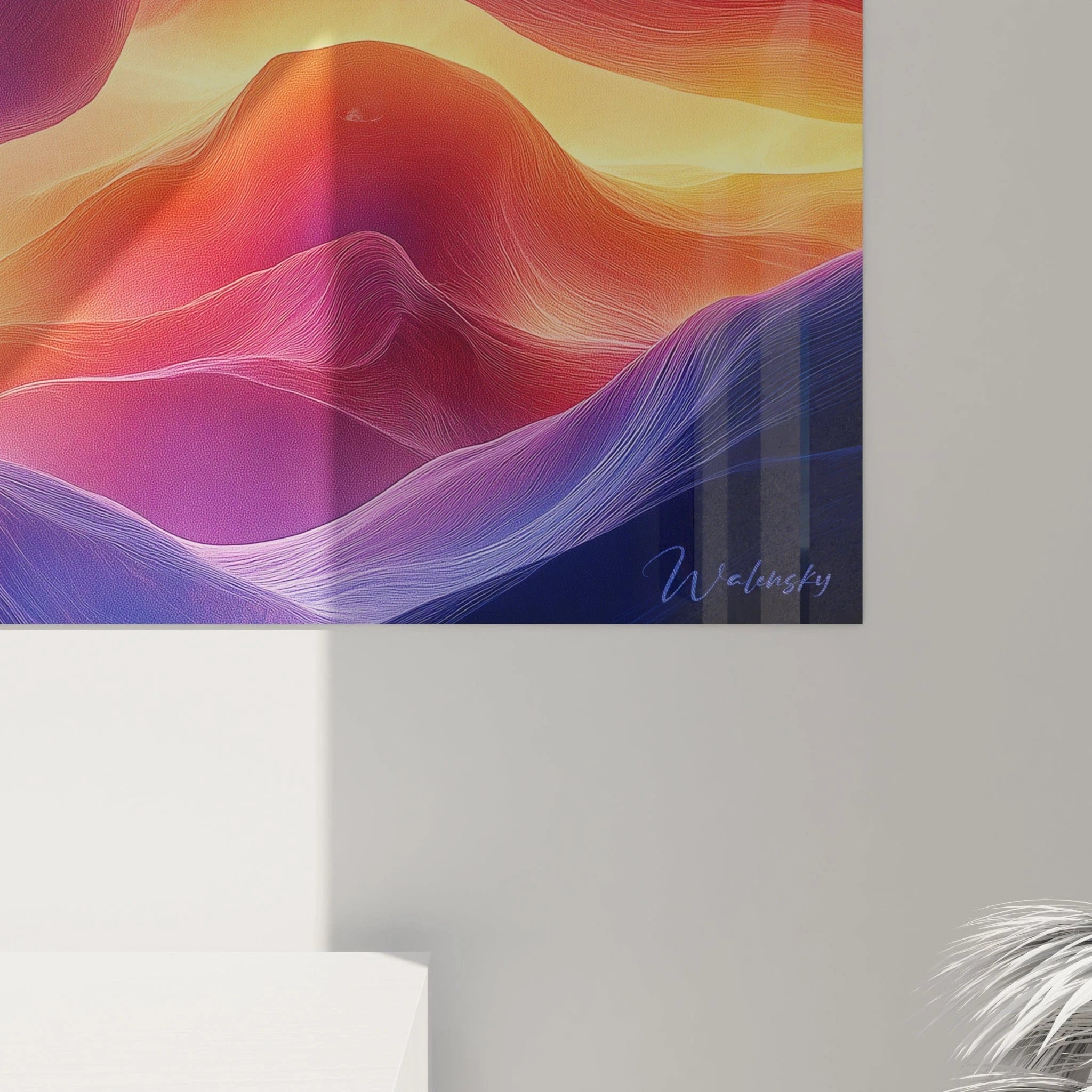 Un tableau abstrait composé de lignes ondulantes parallèles en tons violets, oranges et bleus créant un effet tridimensionnel, avec des transitions chromatiques fluides et une luminosité centrale qui évoque un horizon cosmique imaginaire.
