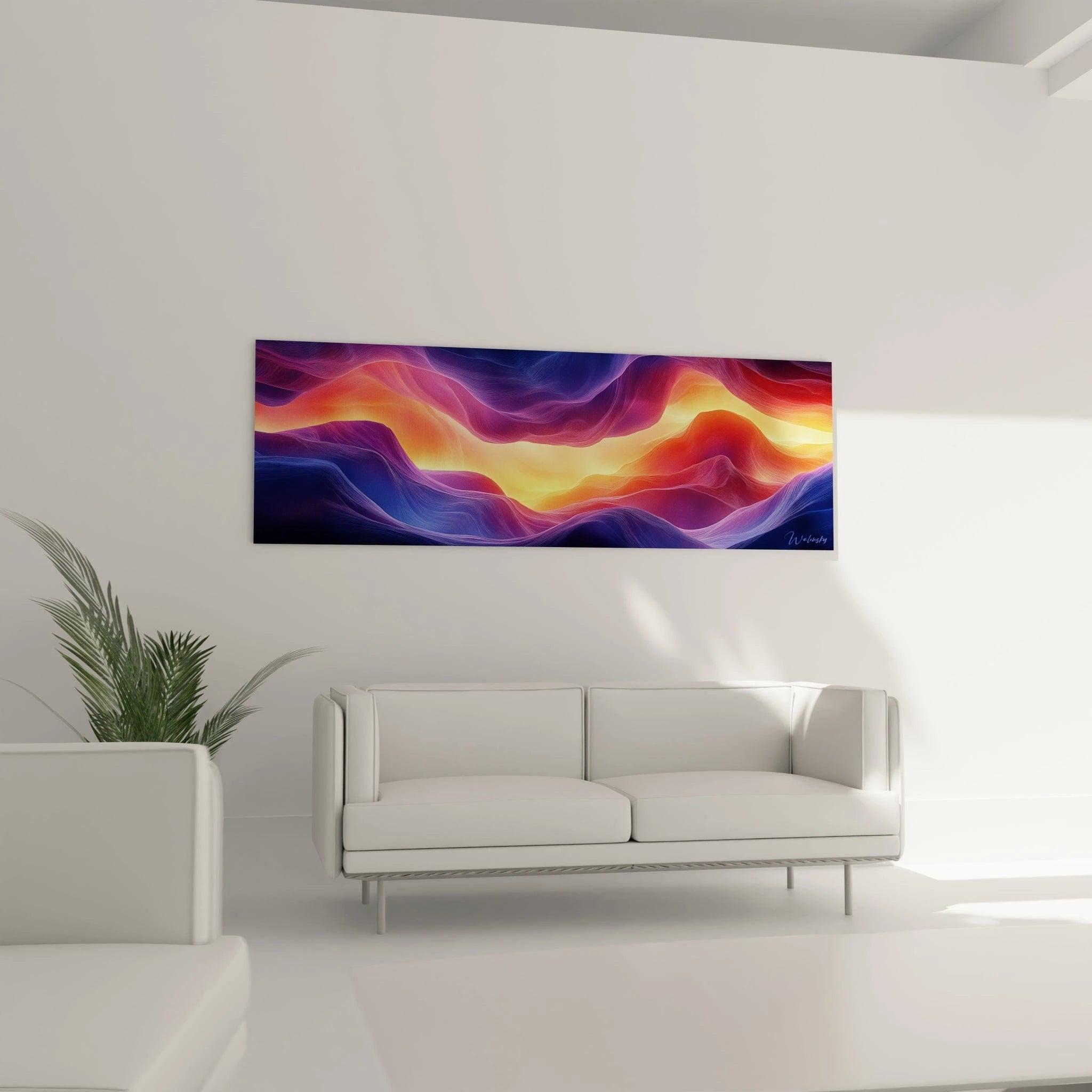 Un tableau ondulations célestes captant la fluidité du mouvement avec des vagues chromatiques en dégradés de bleu, violet et orange, dont les textures soyeuses suggèrent un paysage abstrait entre ciel et océan.
