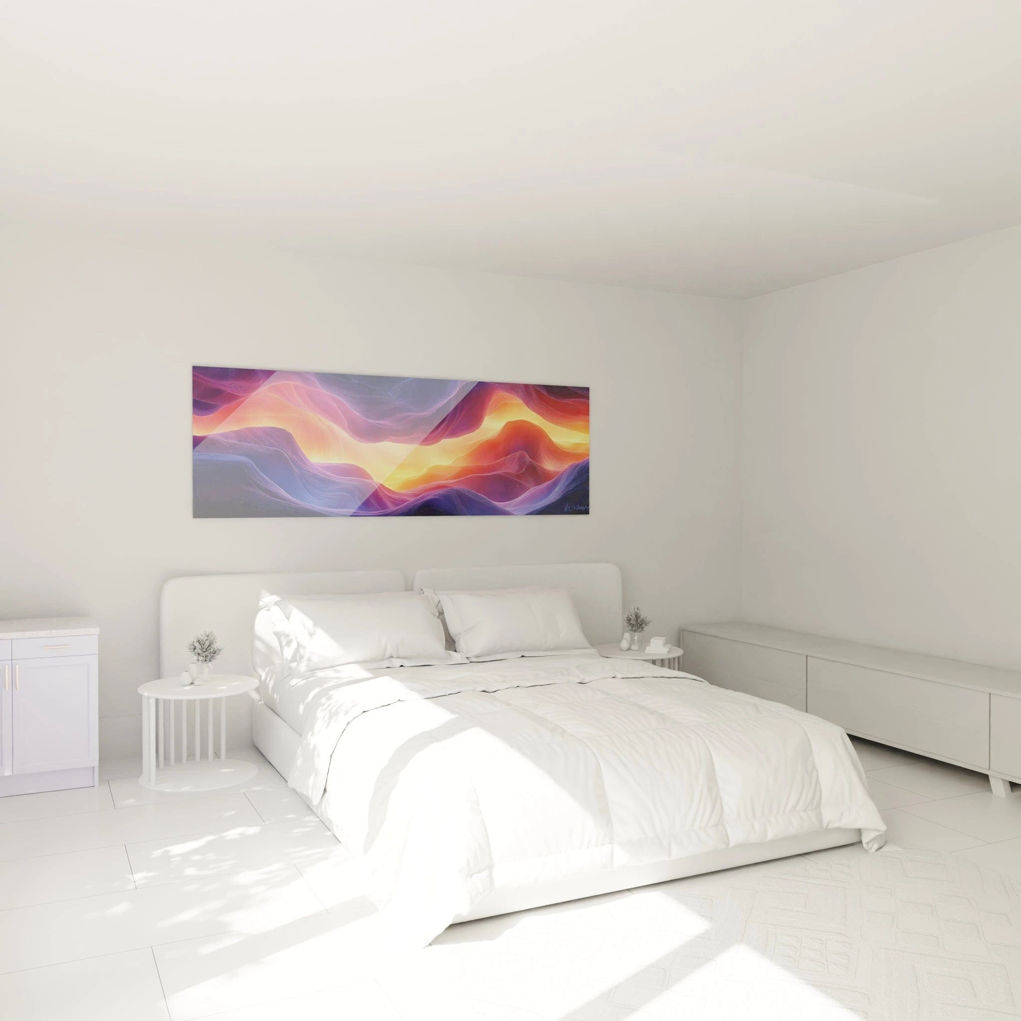 Un tableau ondes cosmiques présentant des couches superposées de couleurs vibrantes, où les violets et bleus profonds encadrent un centre lumineux orange-doré, créant un effet de mouvement perpétuel avec des lignes finement tracées.
