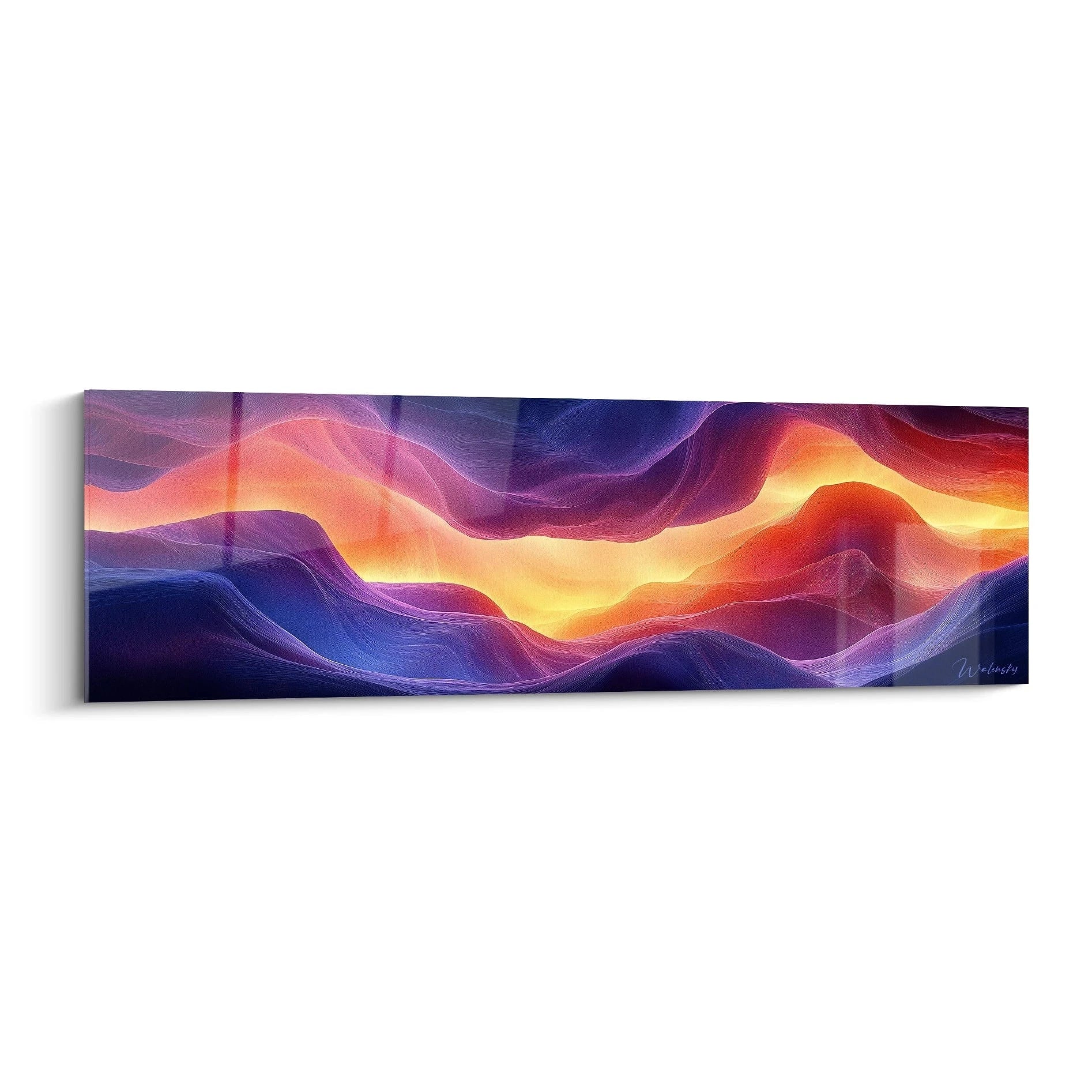 Un tableau abstrait représentant des vagues ondulantes aux tons violets, bleus et orange, créant un paysage cosmique lumineux avec des textures fluides et des dégradés harmonieux évoquant des aurores boréales.
