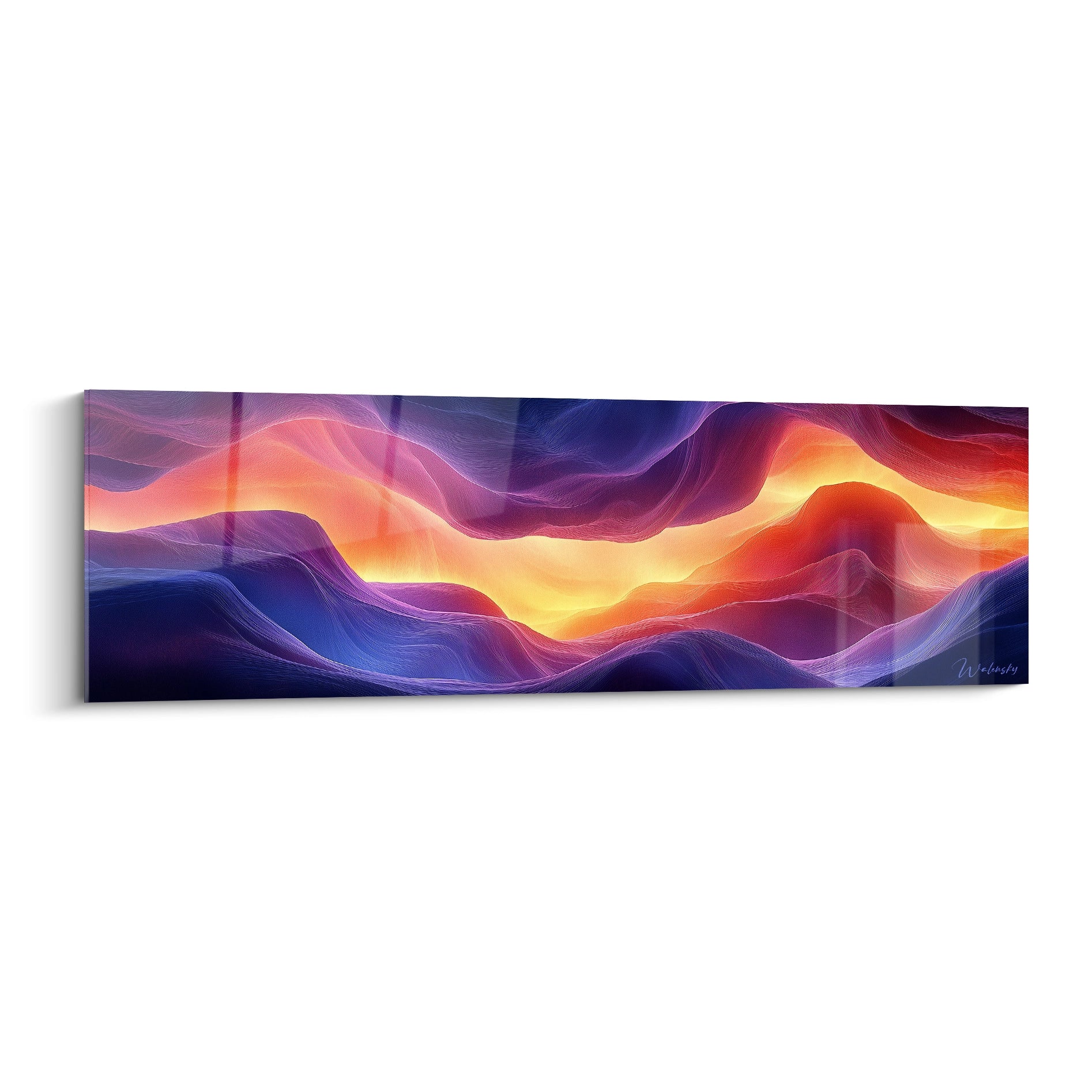 Un tableau abstrait représentant des vagues ondulantes aux tons violets, bleus et orange, créant un paysage cosmique lumineux avec des textures fluides et des dégradés harmonieux évoquant des aurores boréales.

