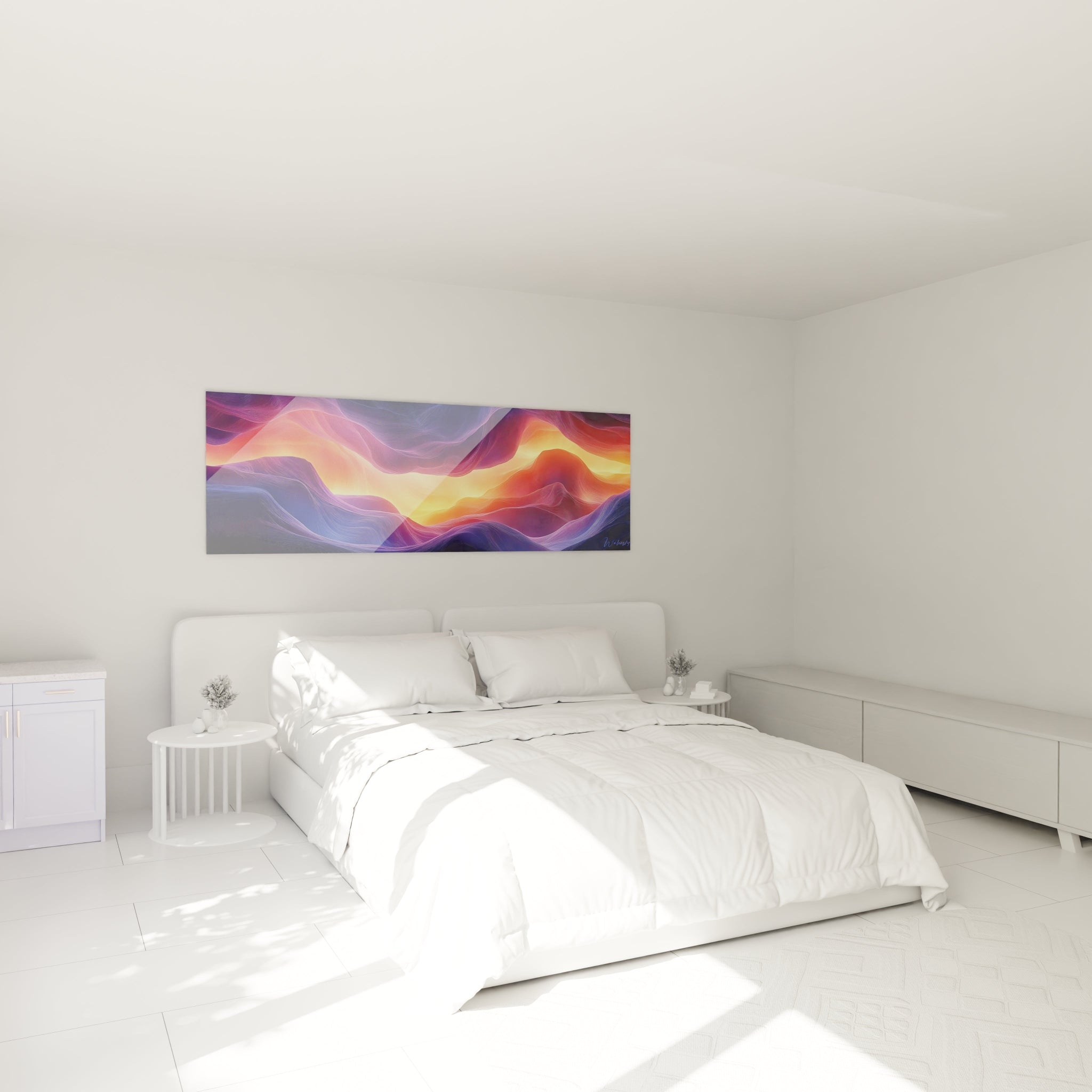 Un tableau ondes cosmiques présentant des couches superposées de couleurs vibrantes, où les violets et bleus profonds encadrent un centre lumineux orange-doré, créant un effet de mouvement perpétuel avec des lignes finement tracées.
