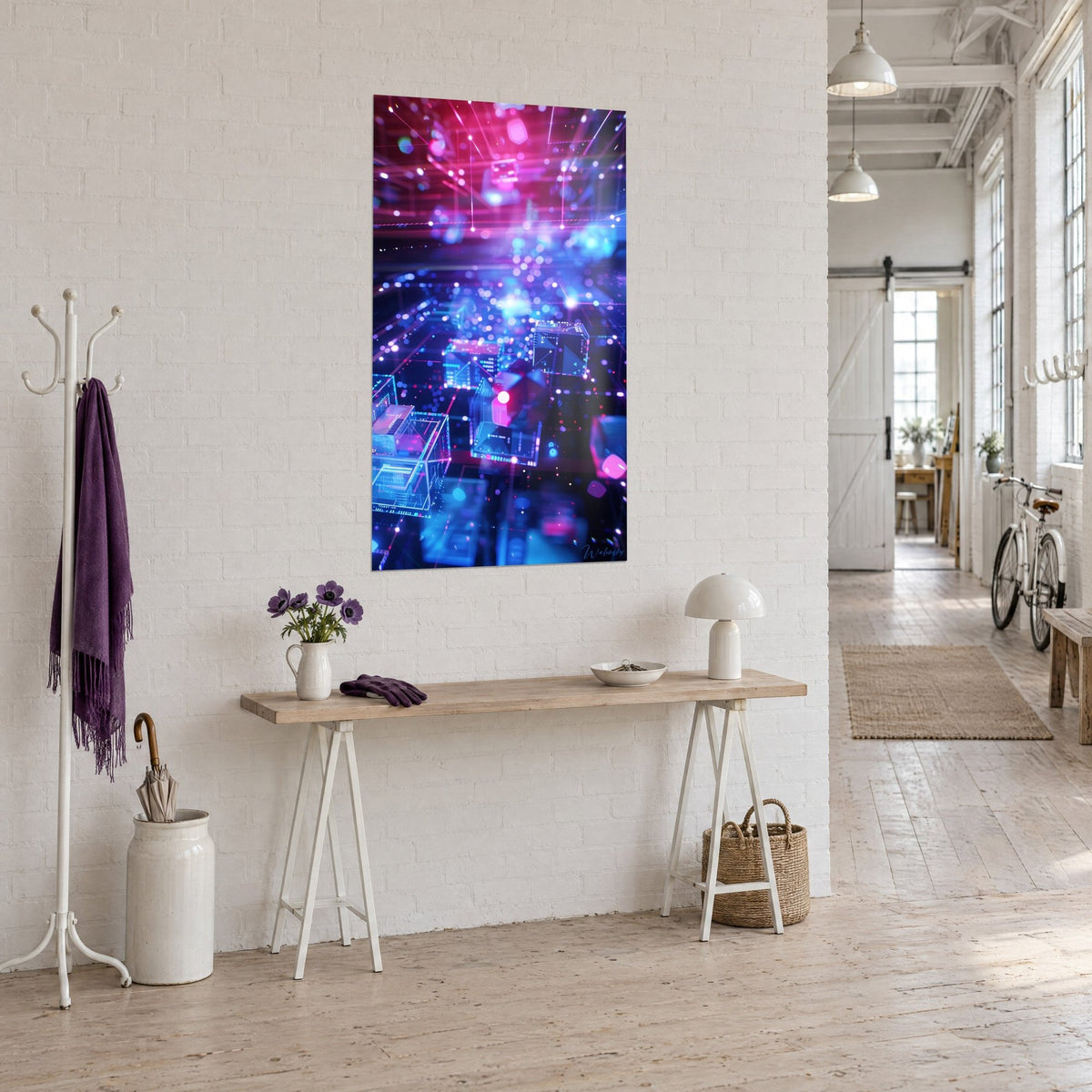 Wall art of a cybernetic light grid, magenta and cyan beams on a dark background, on a white brick wall of a loft