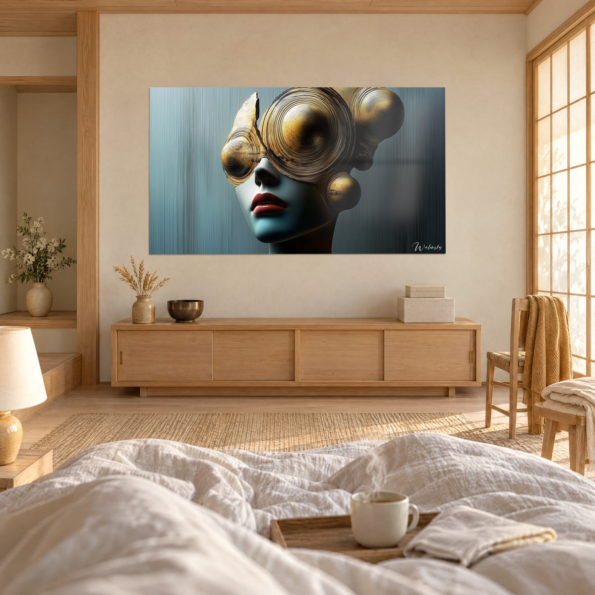 Cuadro máscara dorada con discos concéntricos sobre rostro azul pálido de labios carmesí, dos personas de espaldas, sobre una cama en un dormitorio luminoso