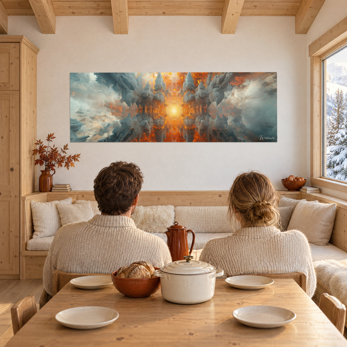 Cuadro portal luminoso entre pilares de piedra gris azulado y nubes ámbar, pareja de espaldas en una mesa, en un chalé