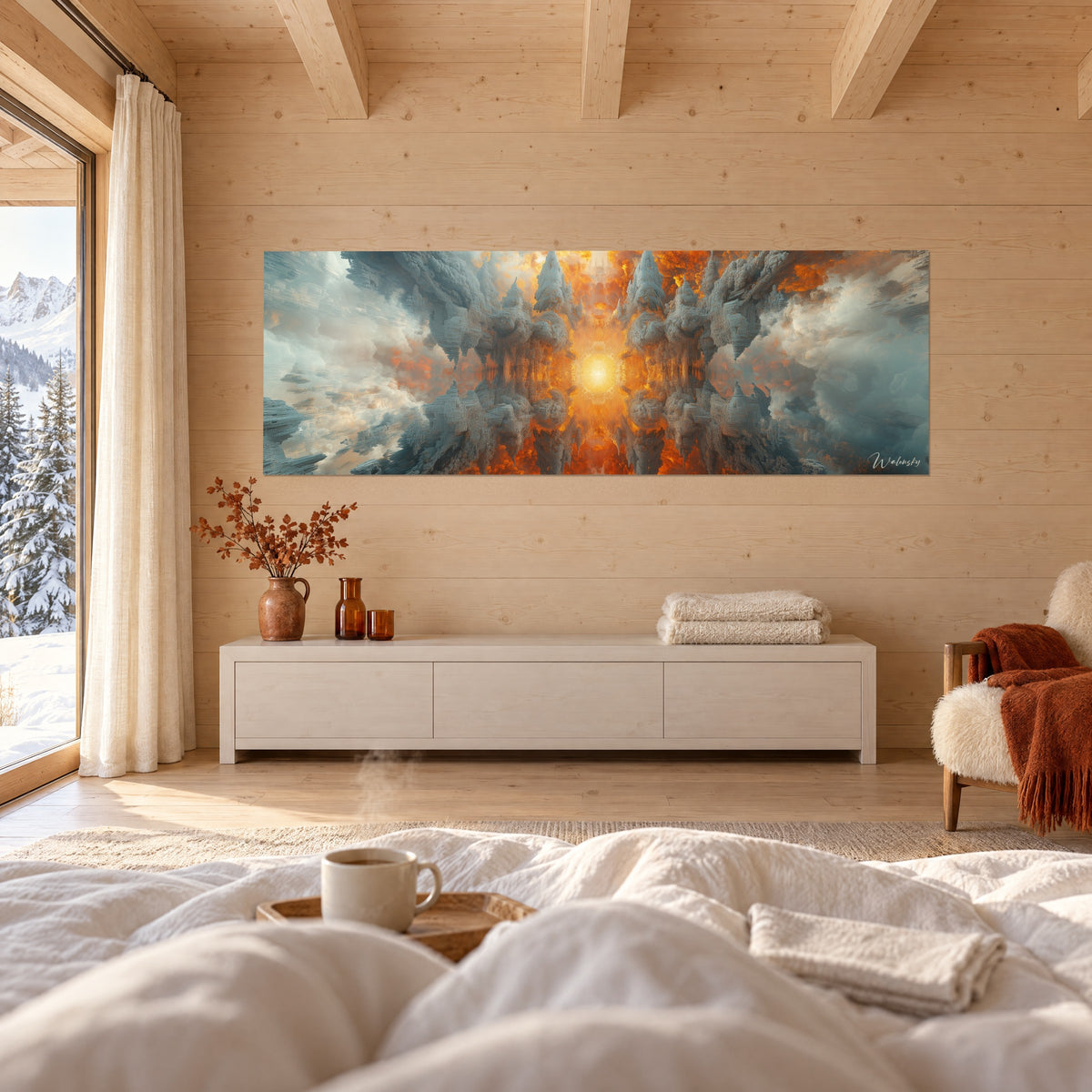 Cuadro explosión solar simétrica en naranja y azul glaciar, frente a una persona de espaldas, encima de una cama en un dormitorio luminoso