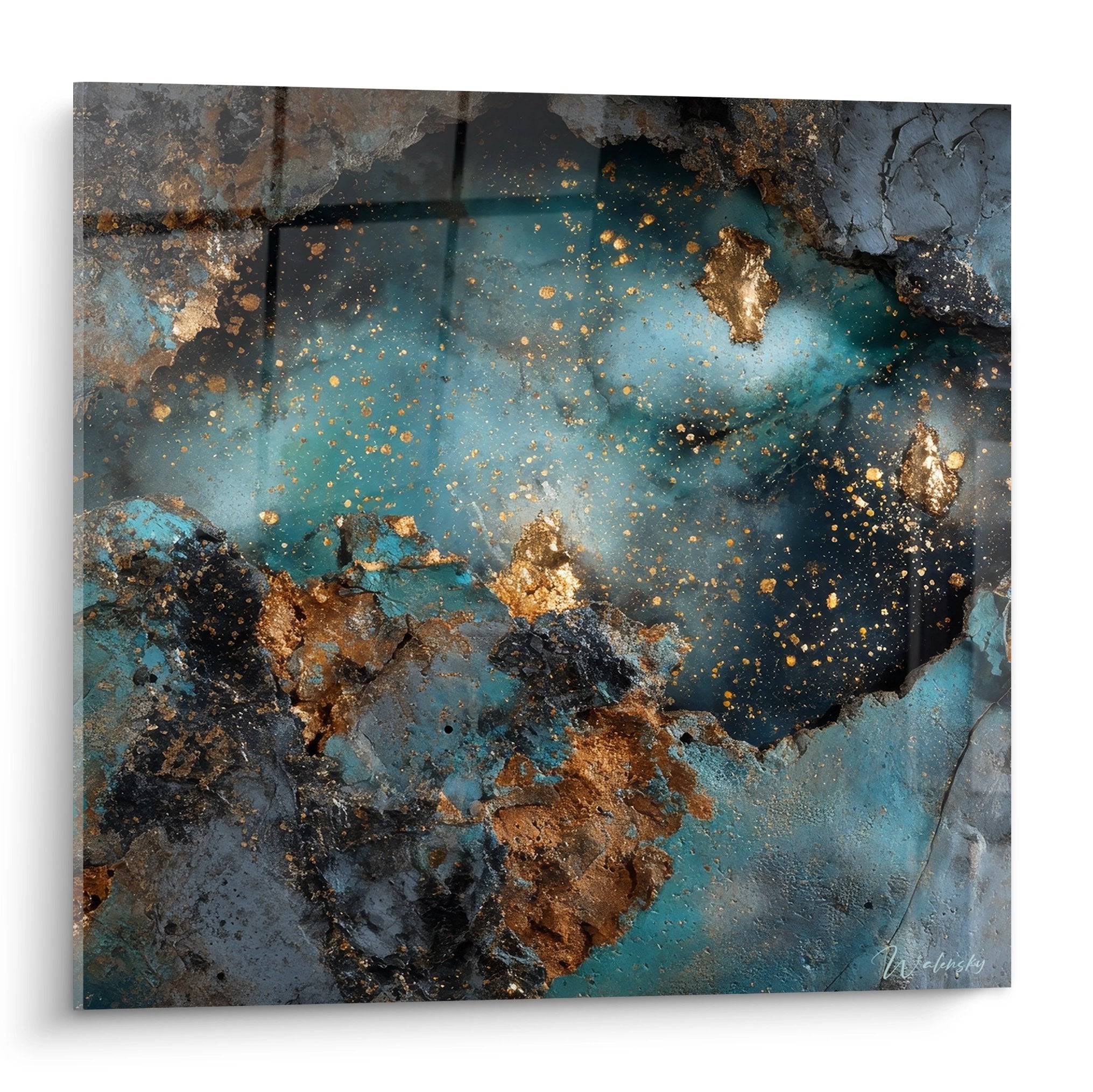 Tableau galaxie abstraite dorée et turquoise, art cosmique moderne pour décoration murale