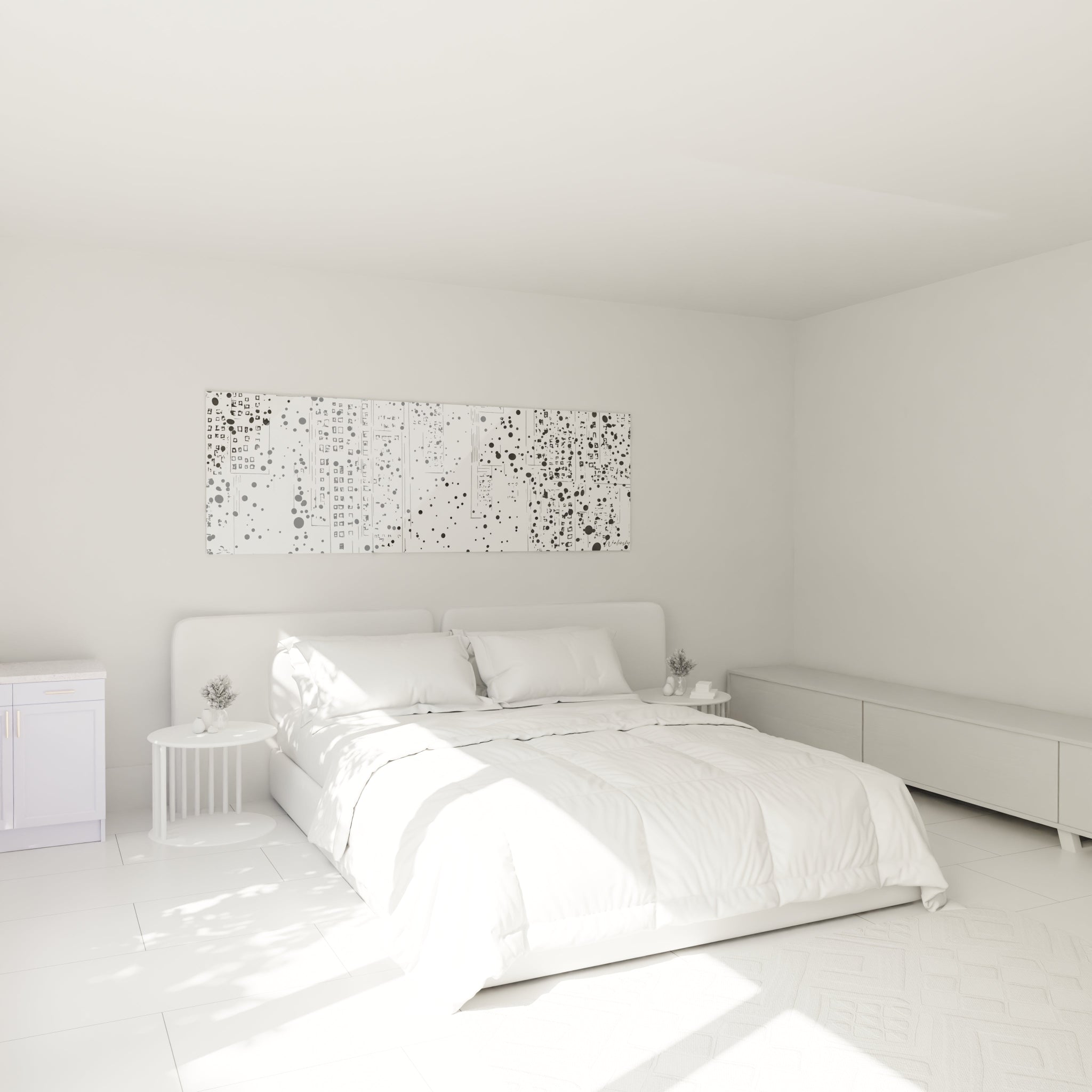 Tableau tacheté noir et blanc de Walensky au-dessus d'un lit dans une chambre moderne