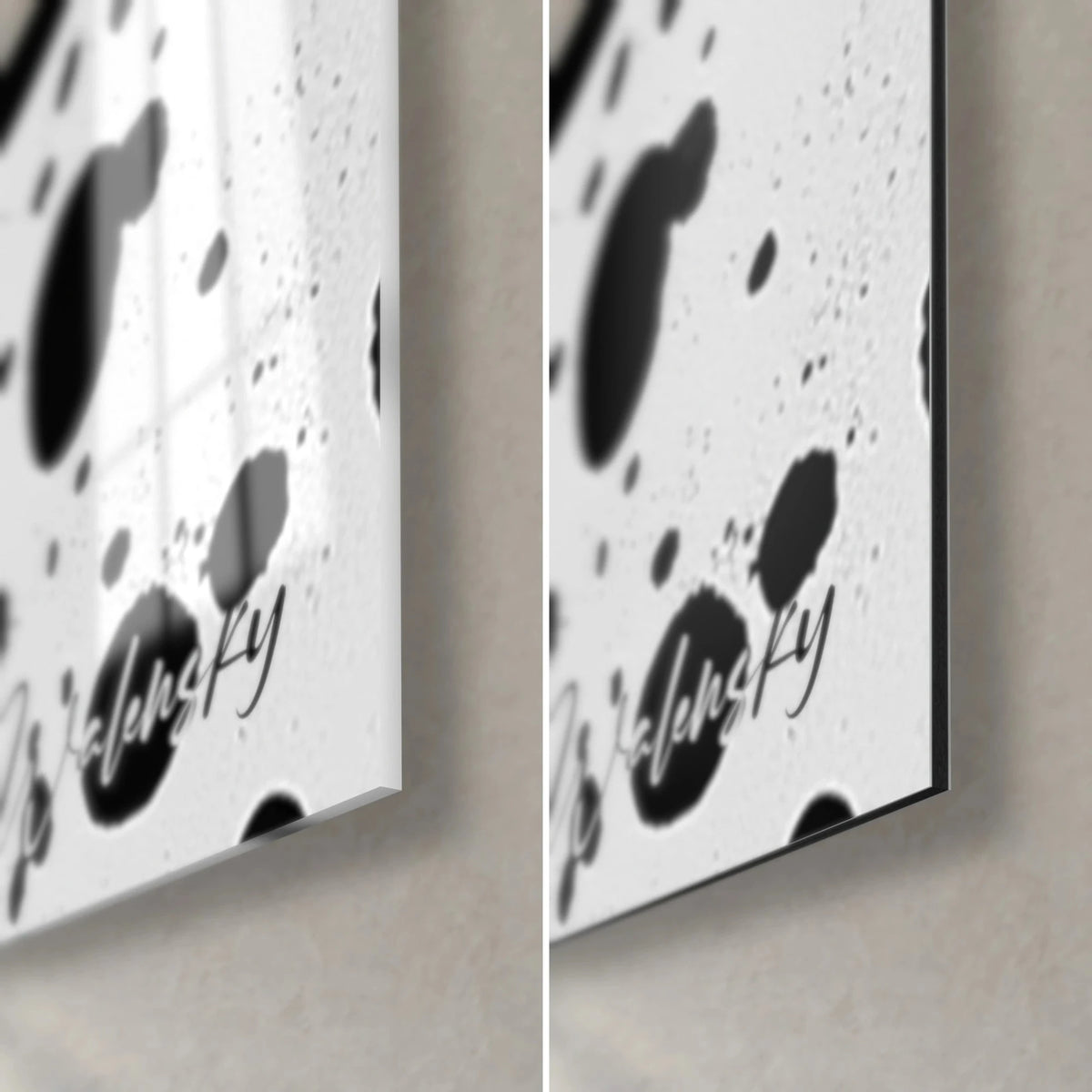 Gemälde mit einer Galaxie aus schwarzen Tropfen auf Weiß, untere rechte Ecke, glänzendes Acrylglas links, mattgraues Dibond rechts
