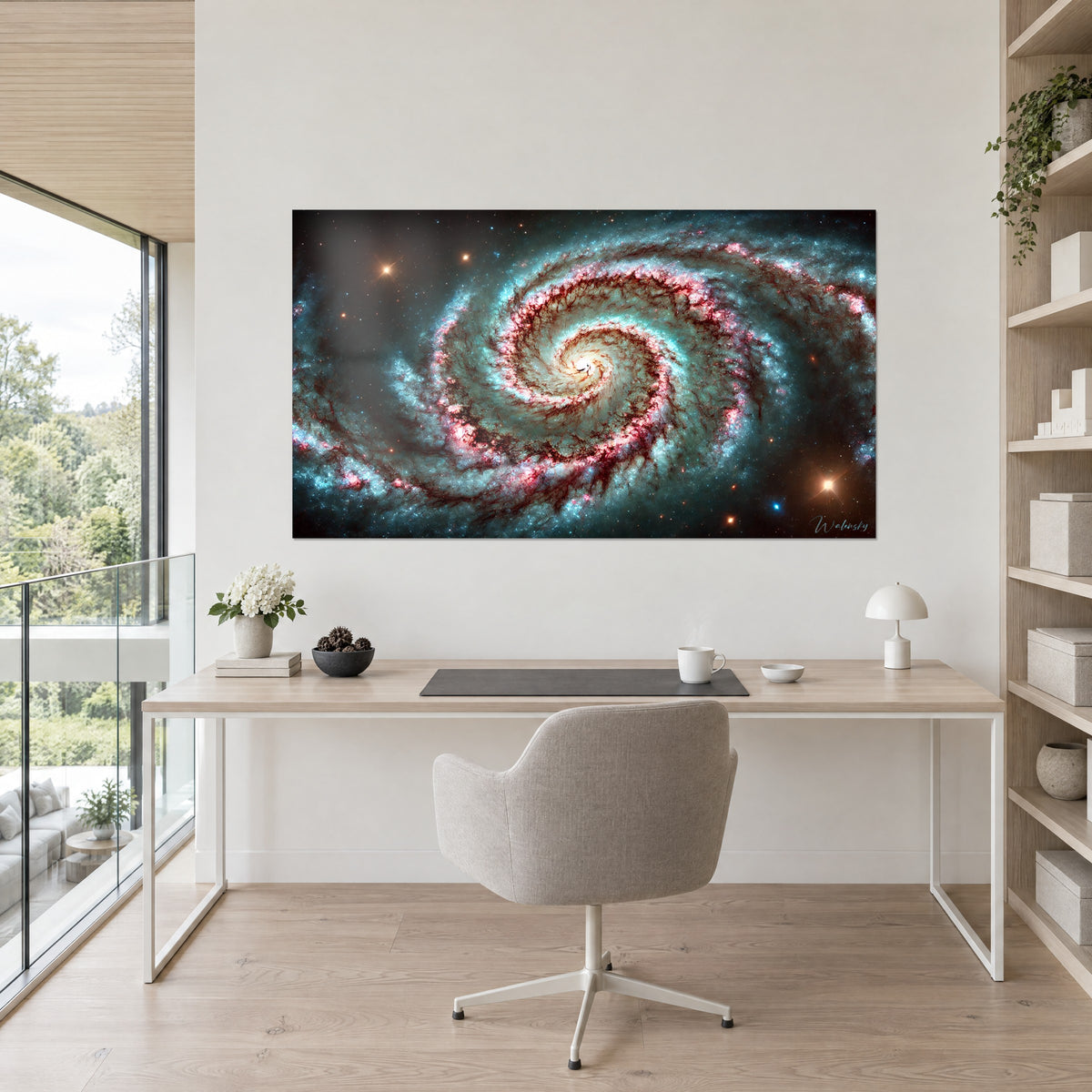Wall art vortex of stars in carmine red and glacier blue, glowing ivory heart, white wall above a light desk