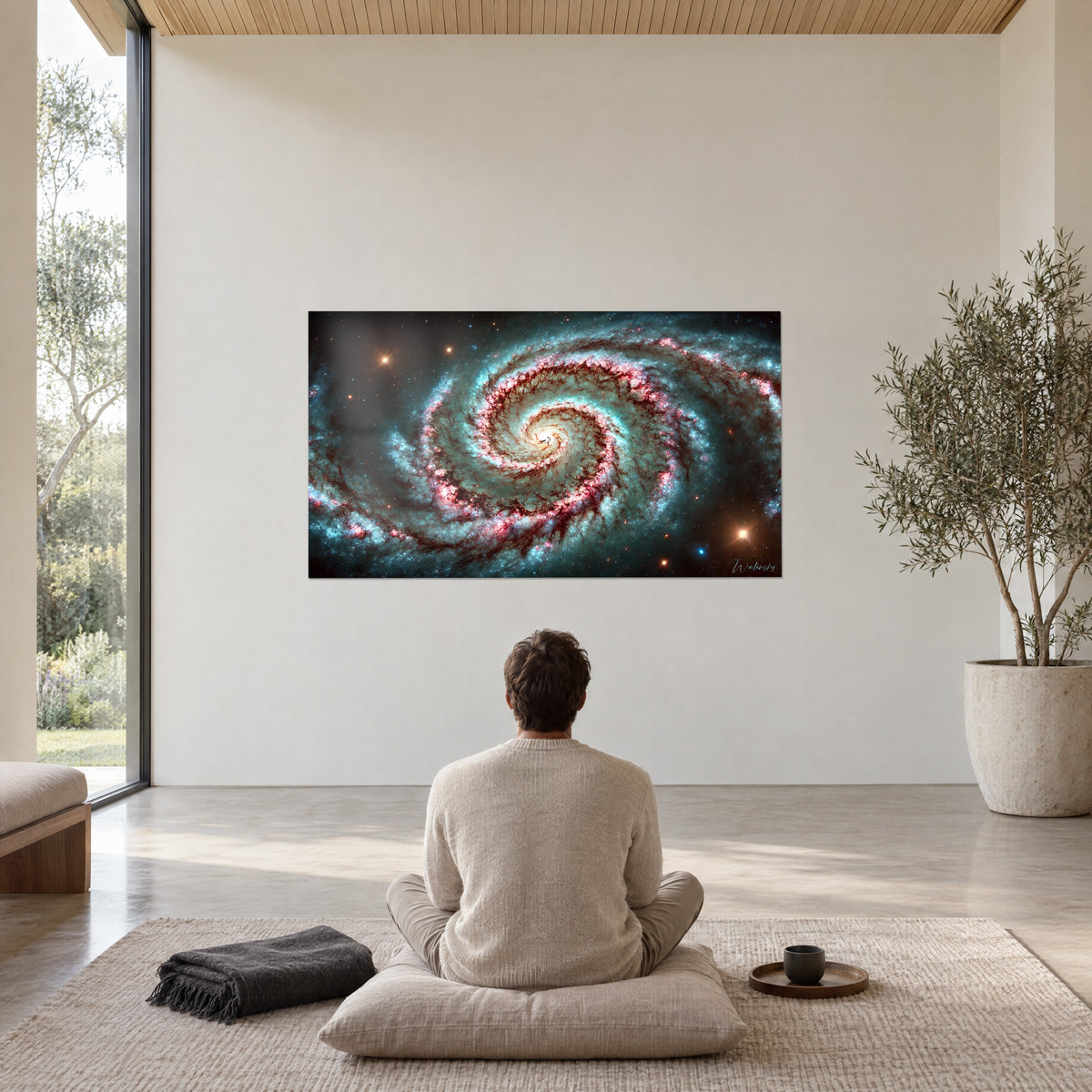 Wall art cosmic spiral with crimson dust and aquamarine reflections, man seated from behind meditating on a cushion, olive tree