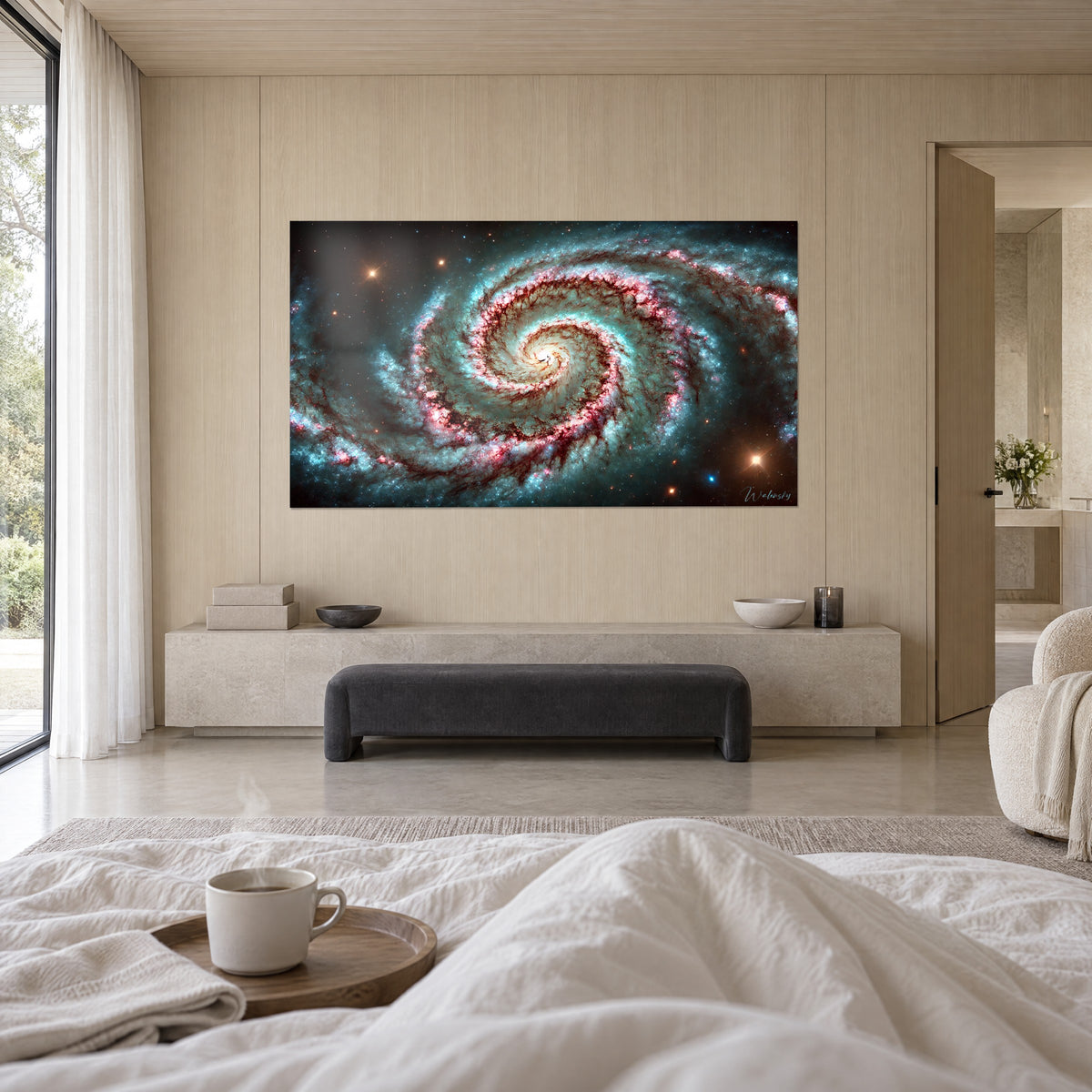 Wall art cosmos in cyan and magenta swirls, golden star points, facing a man seen from behind, above a bed in a light bedroom