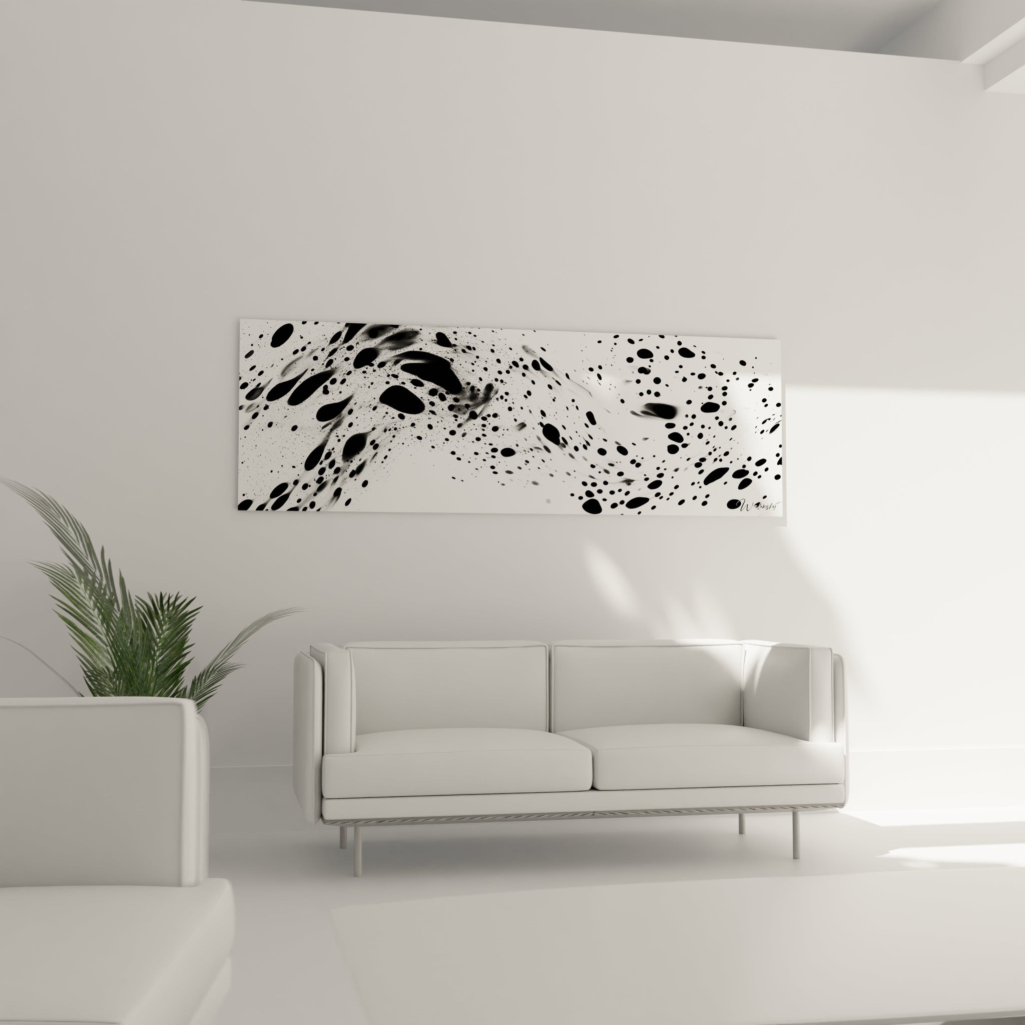 Tableau tacheté noir et blanc de Walensky accroché dans un salon moderne avec canapé blanc