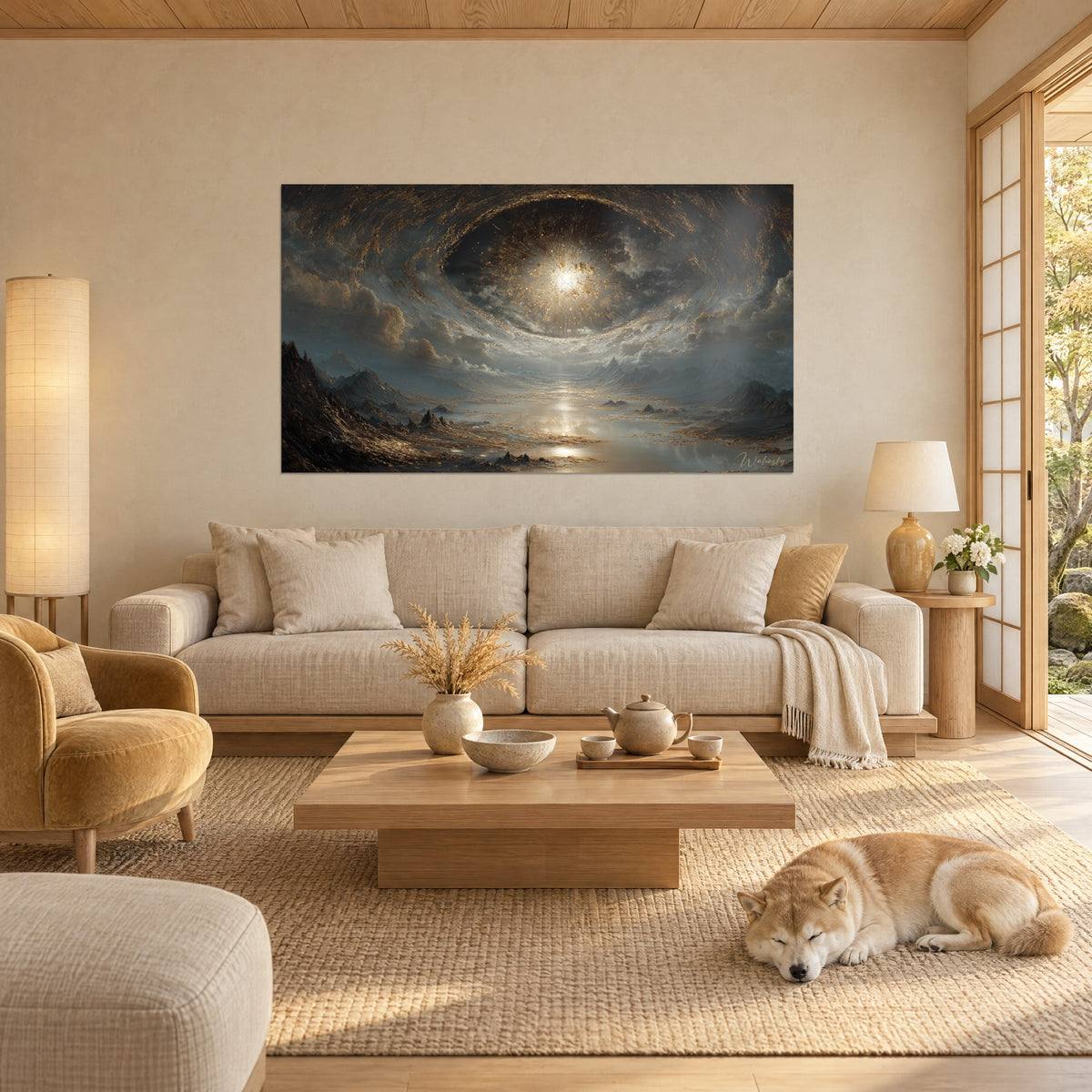 Cuadro galaxia espiral con nubes grises y doradas, estrella blanca deslumbrante, un Shiba rojizo dormido sobre un sofá en un salón luminoso