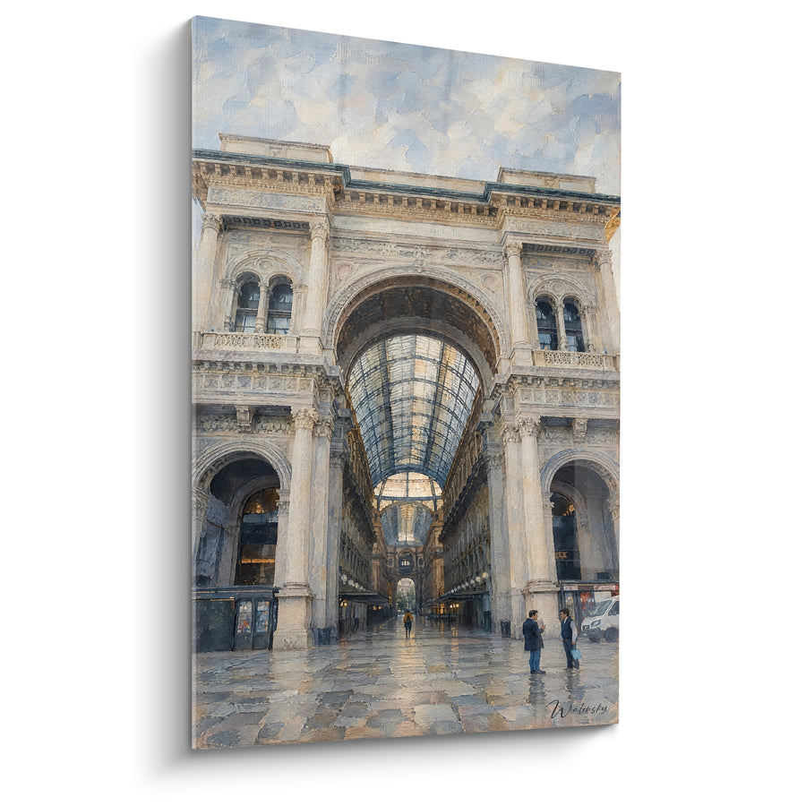 Tableau Galerie monumentale arche beige et verrière vitrée - Matin sous la verrière - Edition Galeries Victor-Emmanuel II Lombardie Italie