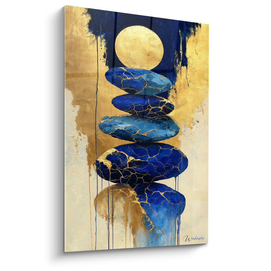 Tableau Galets Bleus Dorés Empilés sous Pleine Lune - Harmonie des Éléments - Edition Feng shui Nord Eau