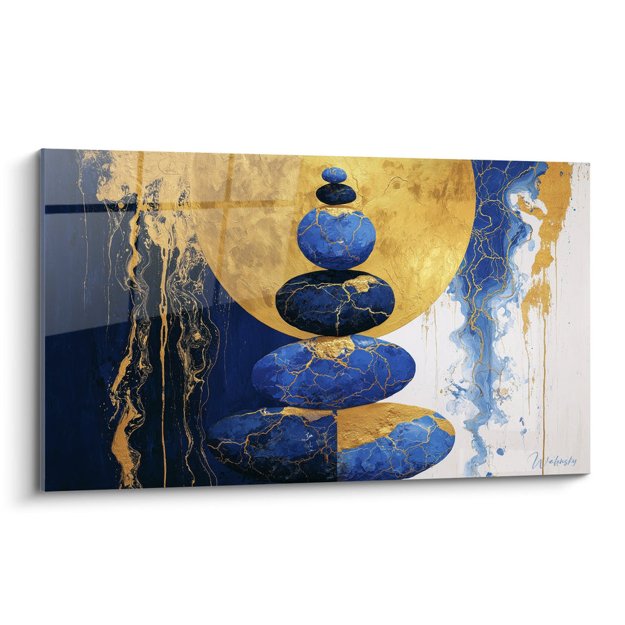 Tableau Galets Bleus Dorés en Équilibre sur Fond Abstrait - Harmonie Minérale - Edition Feng shui Nord Eau