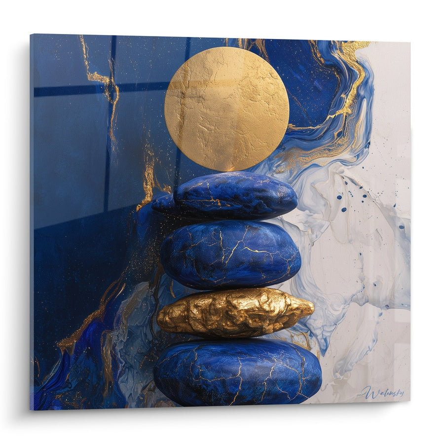 Tableau Galets Bleus et Dorés avec Lune Dorée - Équilibre Zen - Edition Feng shui Nord Eau