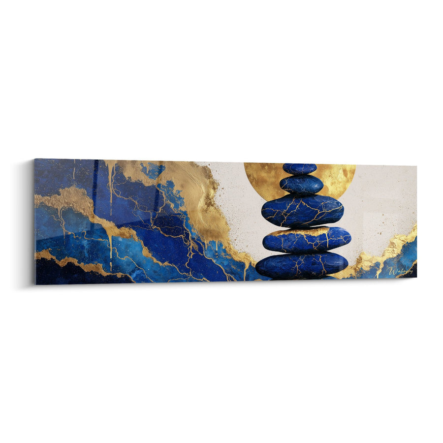 Tableau Galets Bleus et Or en Équilibre avec Motifs Marbrés - Sérénité Dorée - Edition Feng shui Nord Eau
