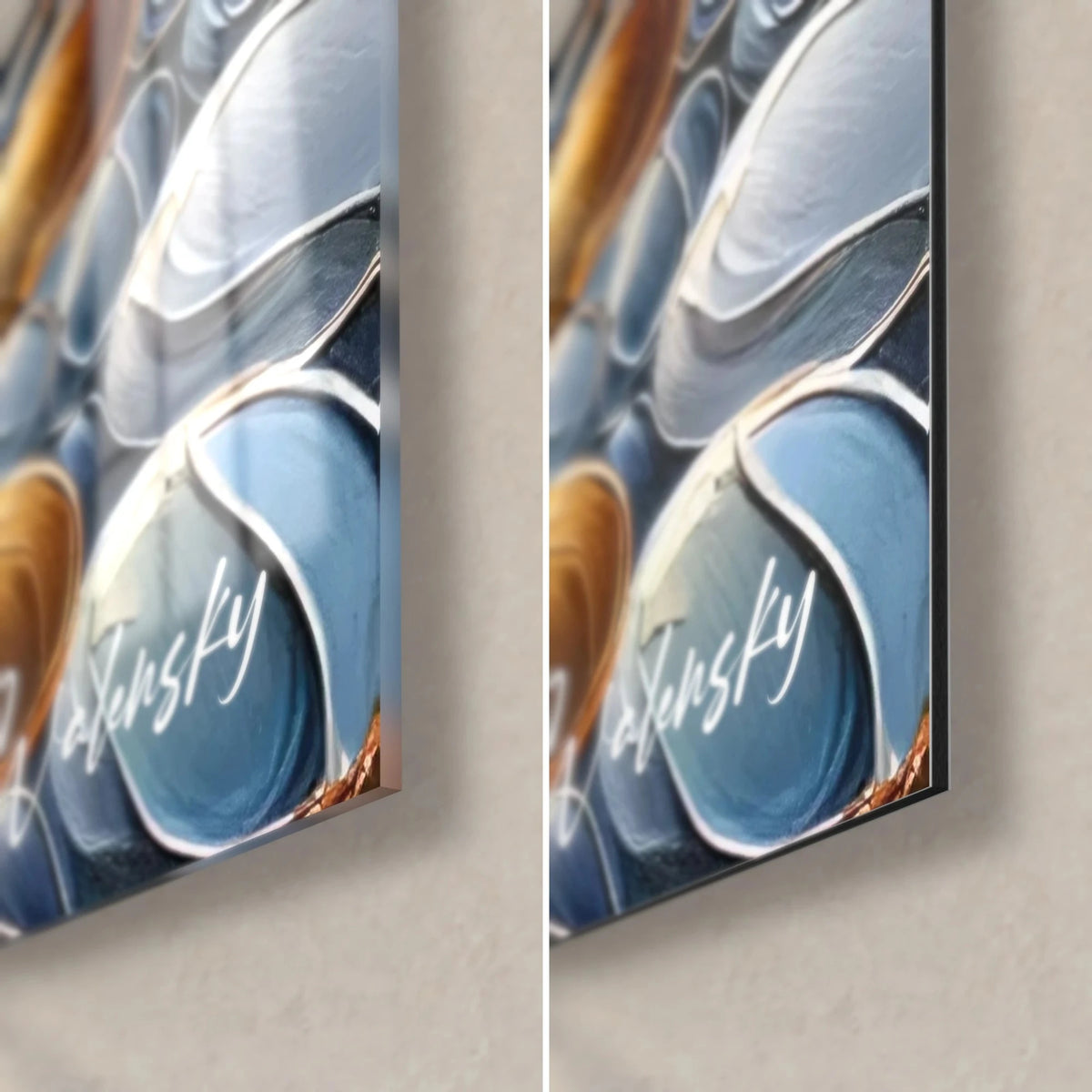 Wall art of smoothed sky-blue and copper pebbles, bottom right corner: 3 mm edge, glossy glass on the left, matte Dibond on the right