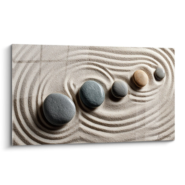 Cuadro de piedras zen alineadas sobre arena con motivos circulares - Serenidad mineral - Edición Arena