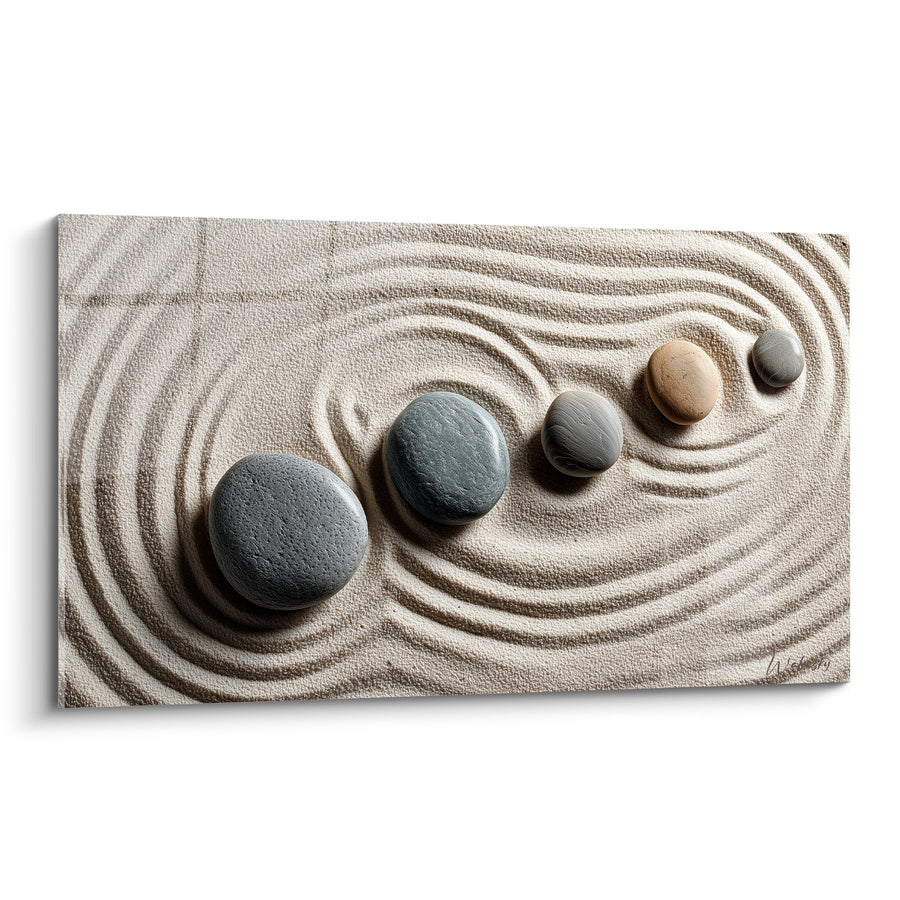 Tableau galets zen alignés sur sable aux motifs circulaires - Sérénité minérale - Edition Sable