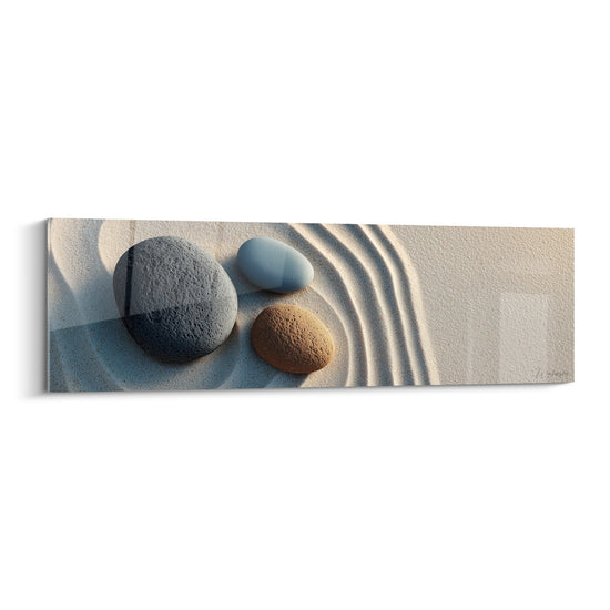 Schilderij van zenzakken en gouden golven in het zand - Mineraal serene - Editie Zand