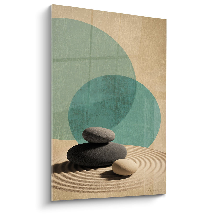 Tableau Galets Zen Équilibrés sur Dunes Beiges et Cercles Verts - Sérénité Minérale - Edition Sable
