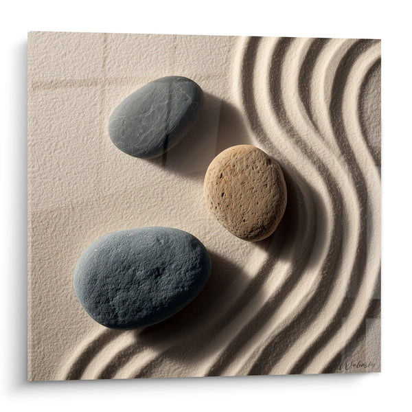 Schilderij met drie grijze en beige kiezels op gestreept zand - Mineraal serene - Editie Zand