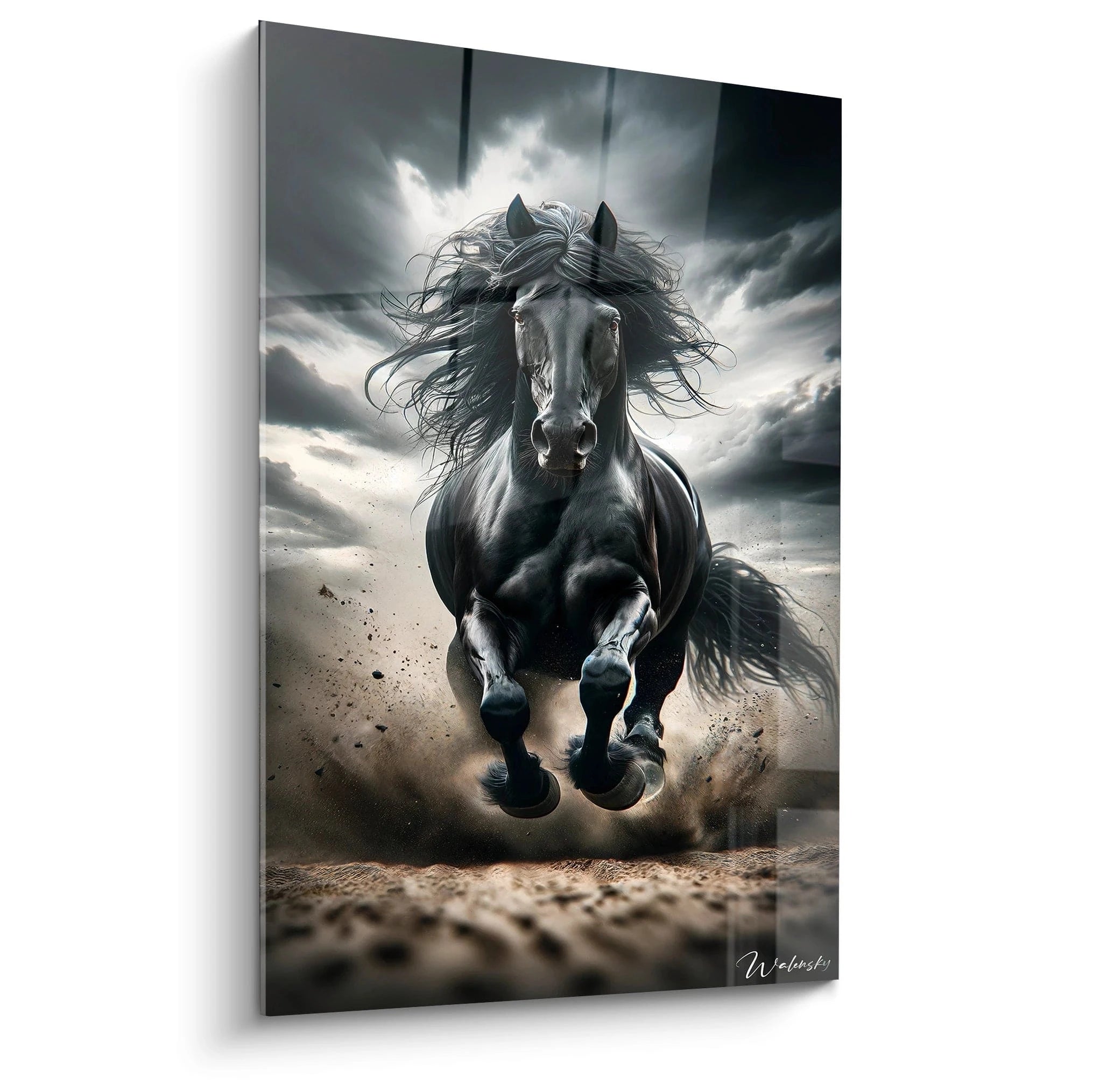 Un tableau d'animal représentant un cheval noir au galop fonçant vers l'observateur, soulevant un nuage de poussière. Sa crinière et sa queue noires ondulent en mouvement. Le ciel dramatique aux nuages gris et blancs contraste avec la robe luisante de l'animal et le sol poussiéreux beige.
