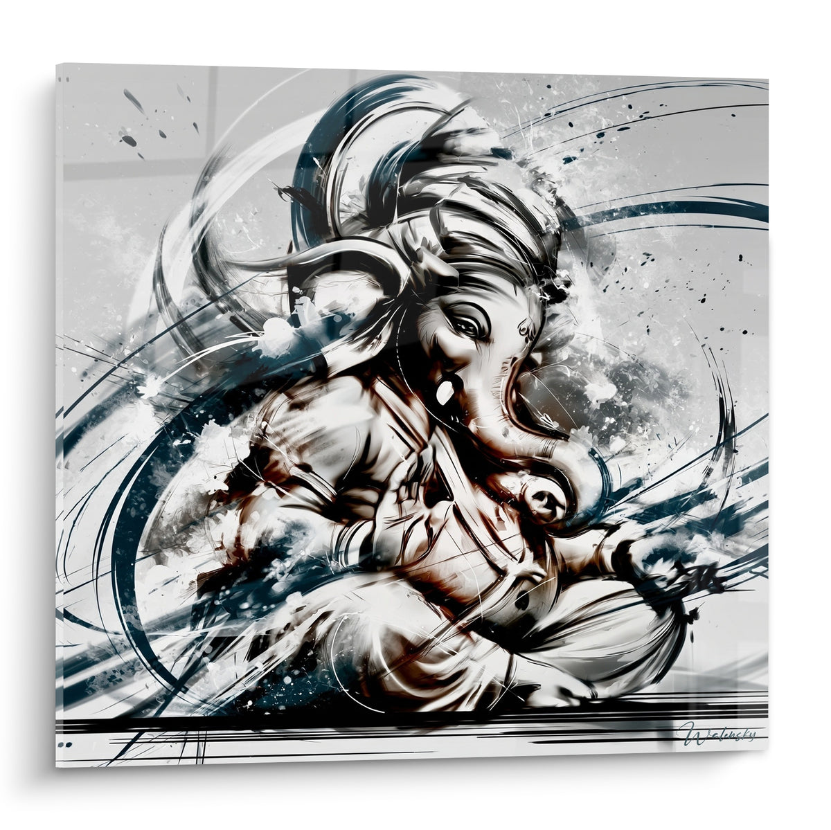 Tableau Ganesh en méditation, traits anthracite et blanc, tourbillons encrés sur fond gris clair