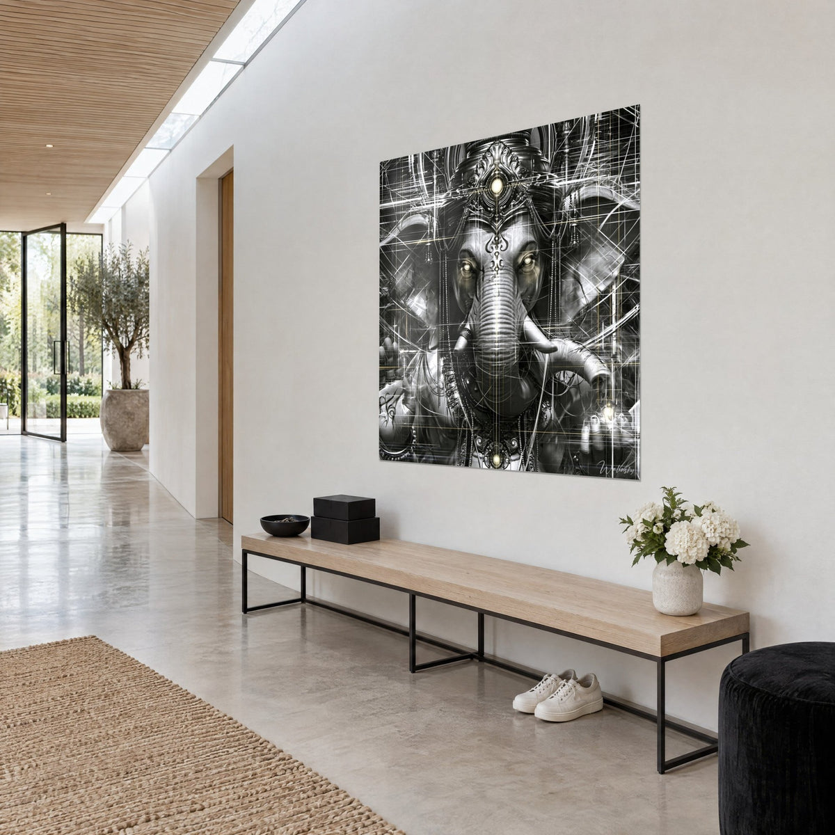 Wall art deity with a striped trunk, silver ornaments and golden irises, white graphic lines, three-quarter view in a hallway