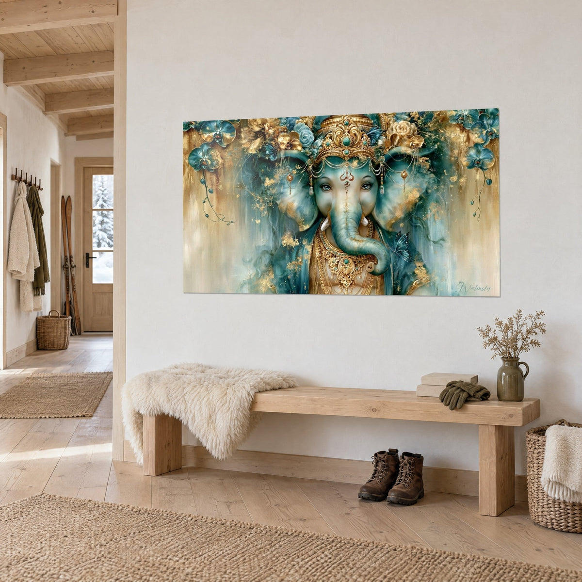 Wall art elephant deity with clear eyes, gold adornments and ochre drips, three-quarter view beside a wooden bench in a chalet
