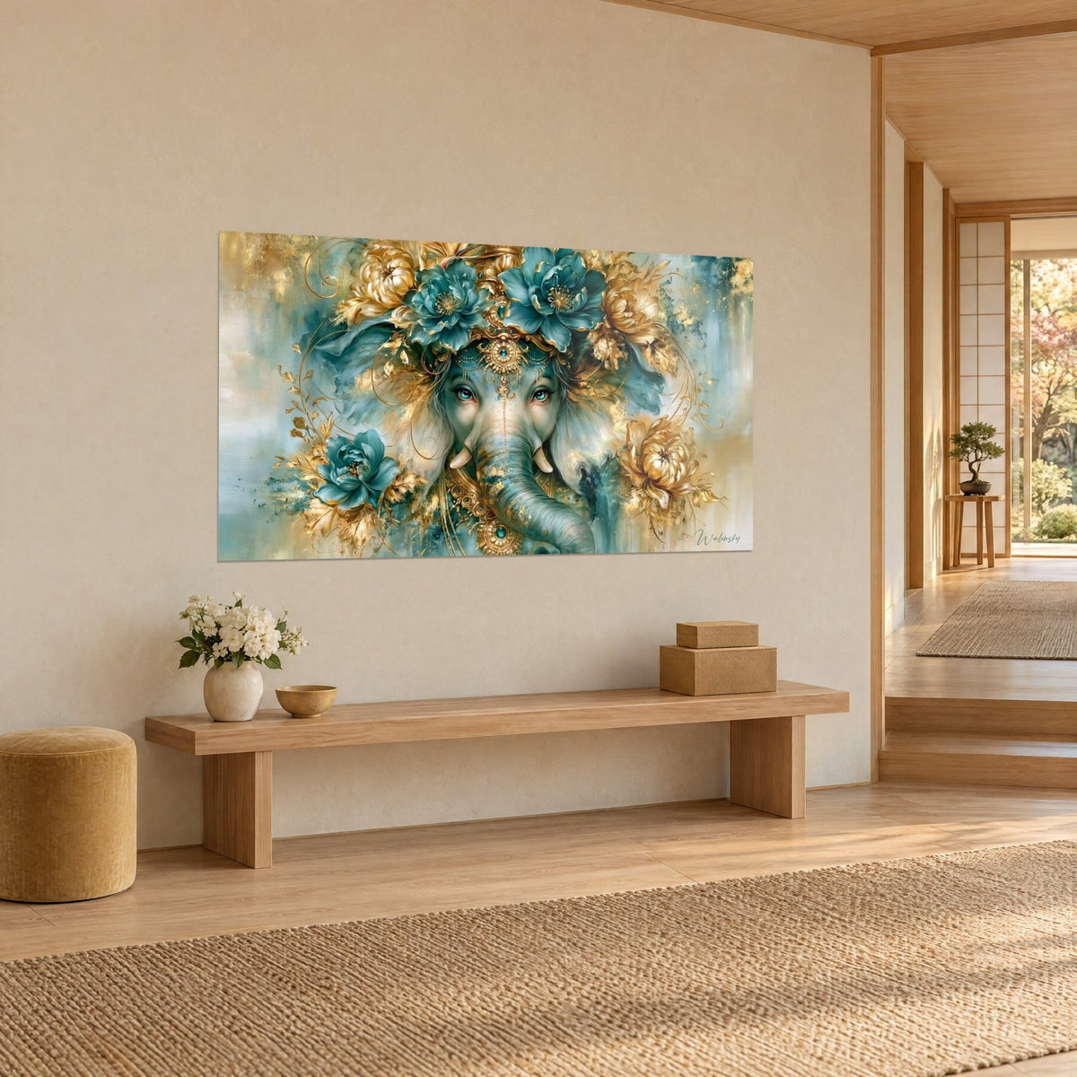 Wall art Ganesh crowned with large blue-green and gold flowers, forehead jewel set with turquoise, hung in a light Japandi hallway