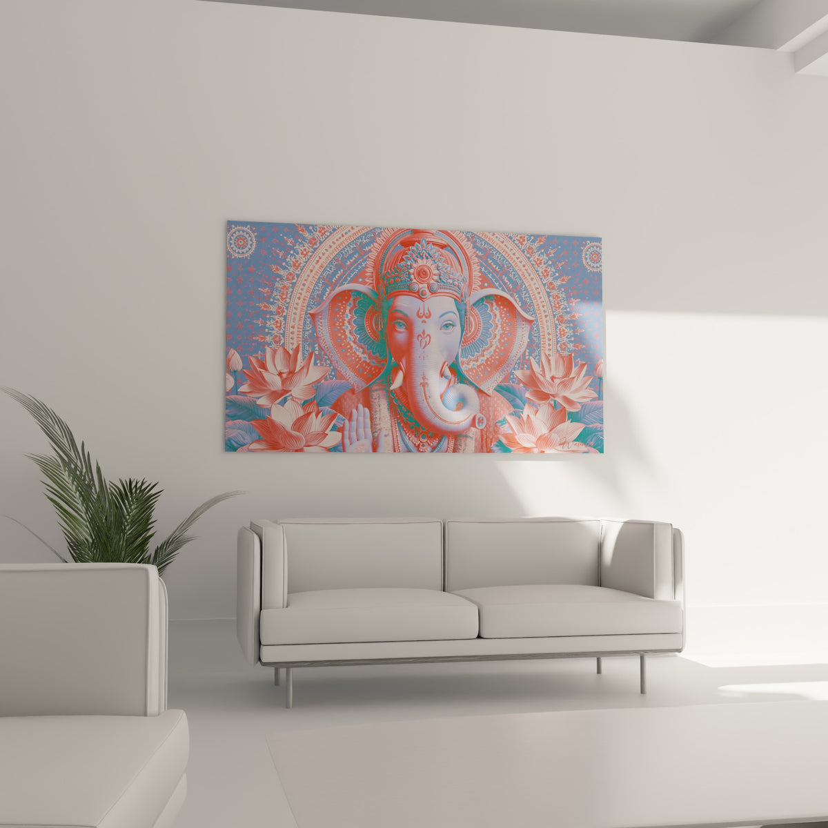 Ganesh paré de bijoux corail et bleu turquoise, lotus fleuris, au-dessus d'un canapé dans un salon lumineux
