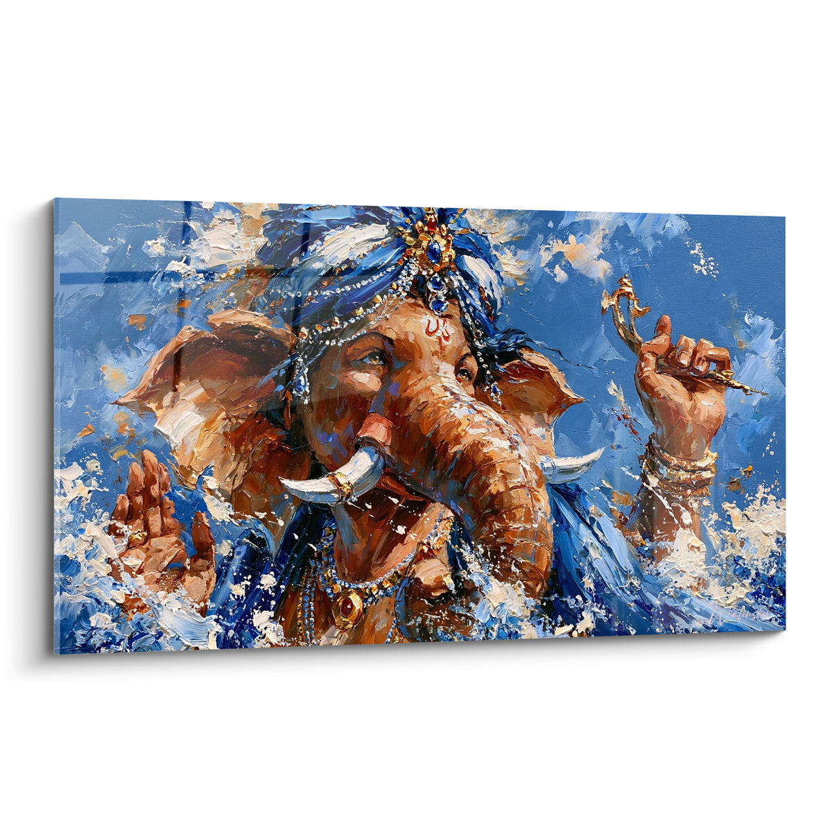 Wall art Ganesh with a blue and gold turban, ivory tusks, textured oil painting on a marine background