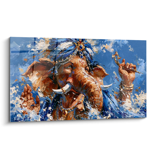 Painting Brown and Blue Elephant with Pearled Turban - White Paint Splatters - Ganesh Edition