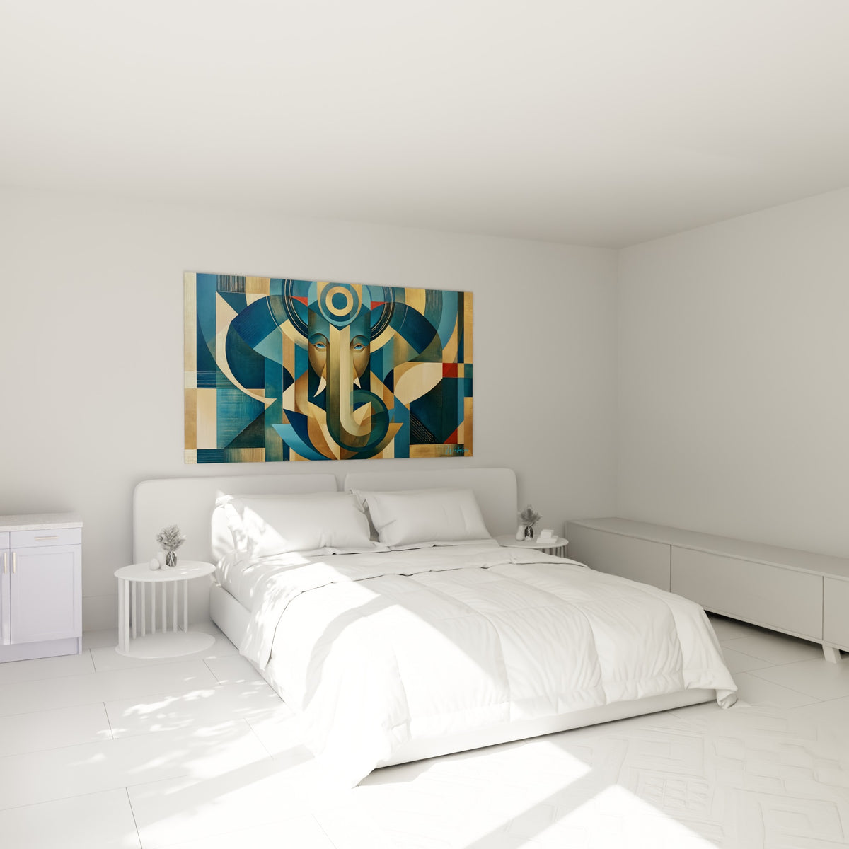 Divinité Ganesh en tons bleu marine et dorés accrochée au-dessus d'un lit dans une chambre claire