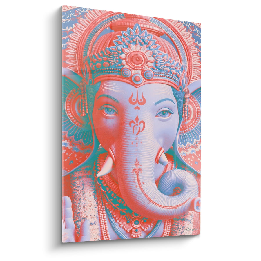 Tableau Éléphant corail et bleu à la trompe enroulée - Effet anaglyphe vibrant - Edition Ganesh