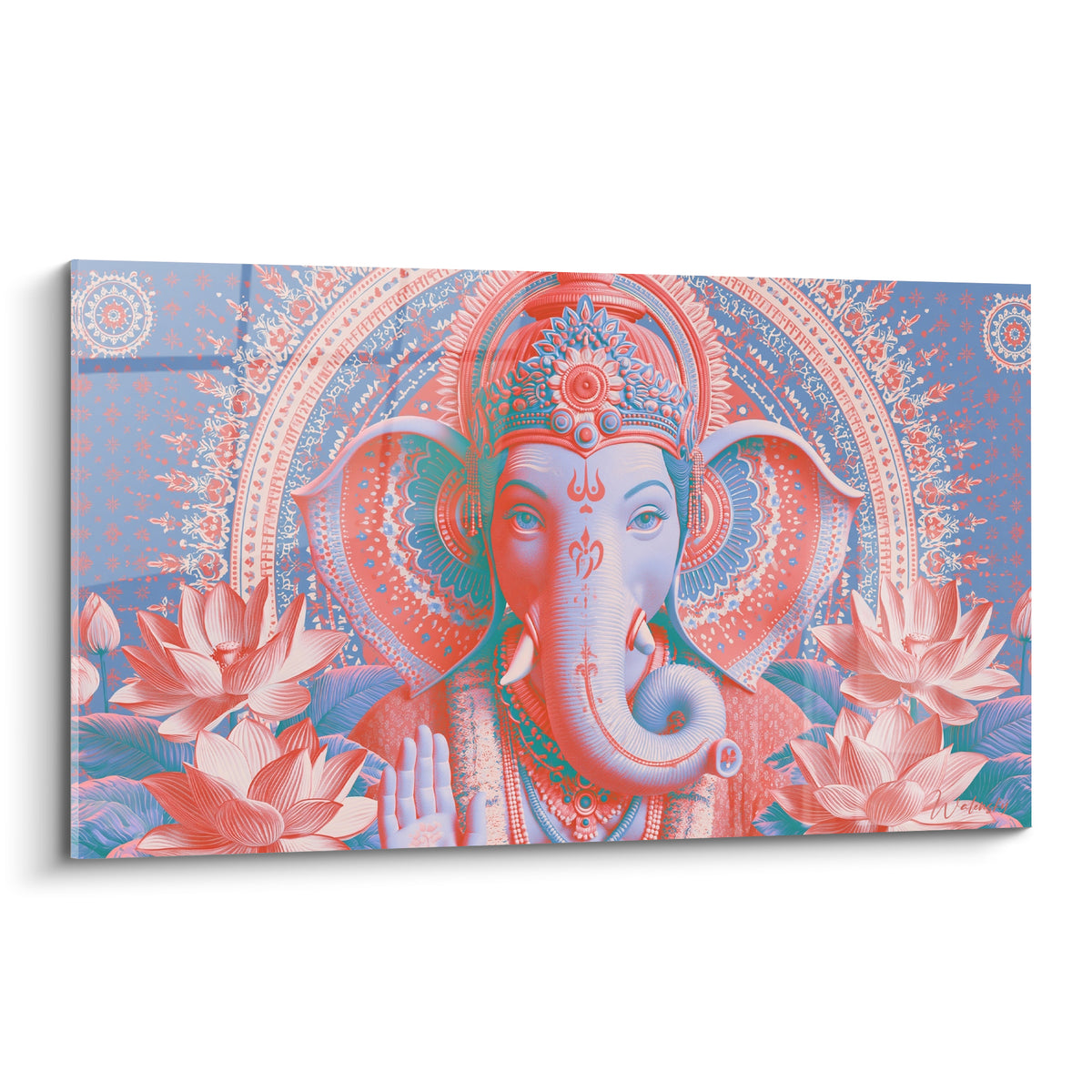 Ganesh corail et bleu pastel, main levée, entouré de fleurs de lotus roses et arc orné