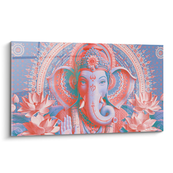 Tableau Ganesh corail et bleu entouré de lotus - Bénédiction sereine - Edition Ganesh
