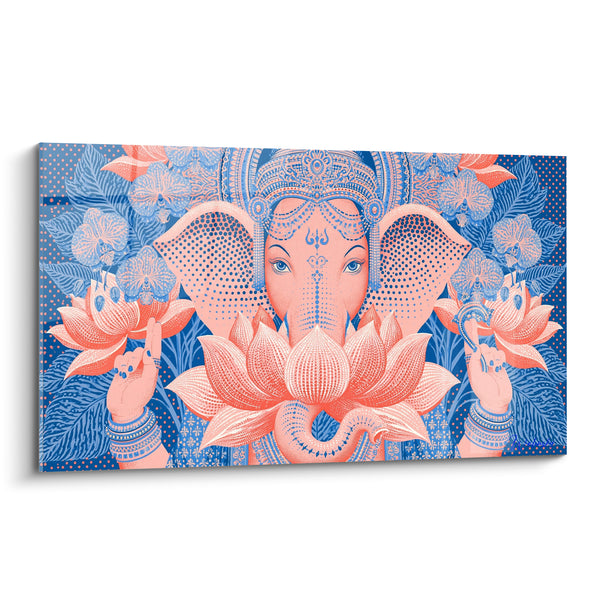 Tableau Ganesh corail et bleu aux orchidées pointillées - Mains aux bracelets ornés - Edition Ganesh