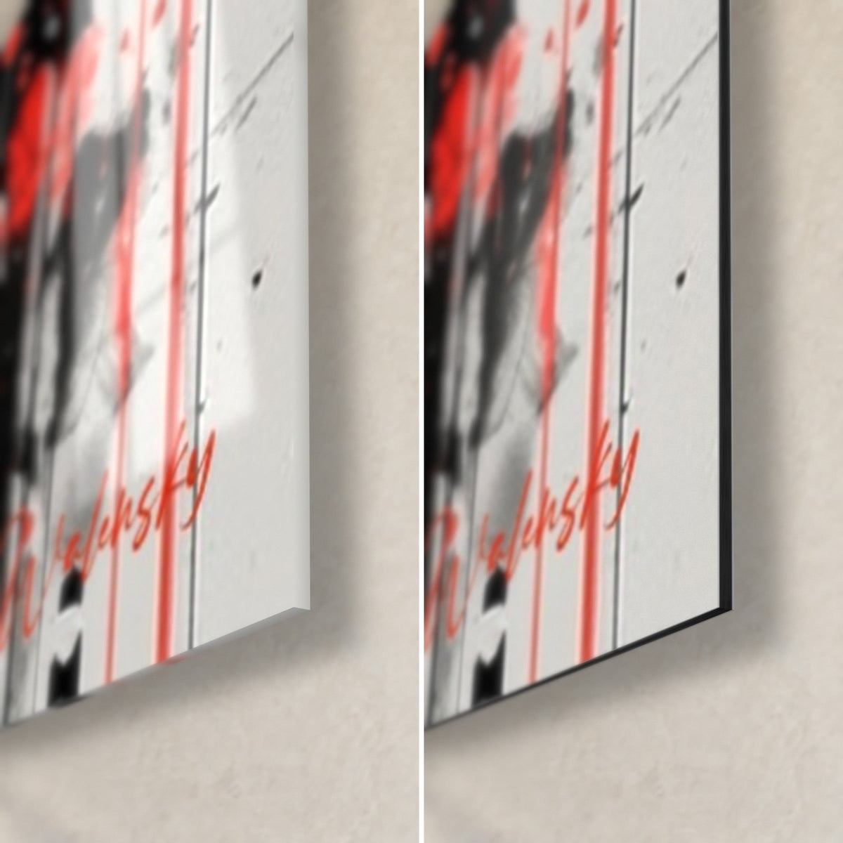 Wall art sacred grey elephant, lower right corner: red drips on white background, glossy glass on the left, matte black Dibond on the right