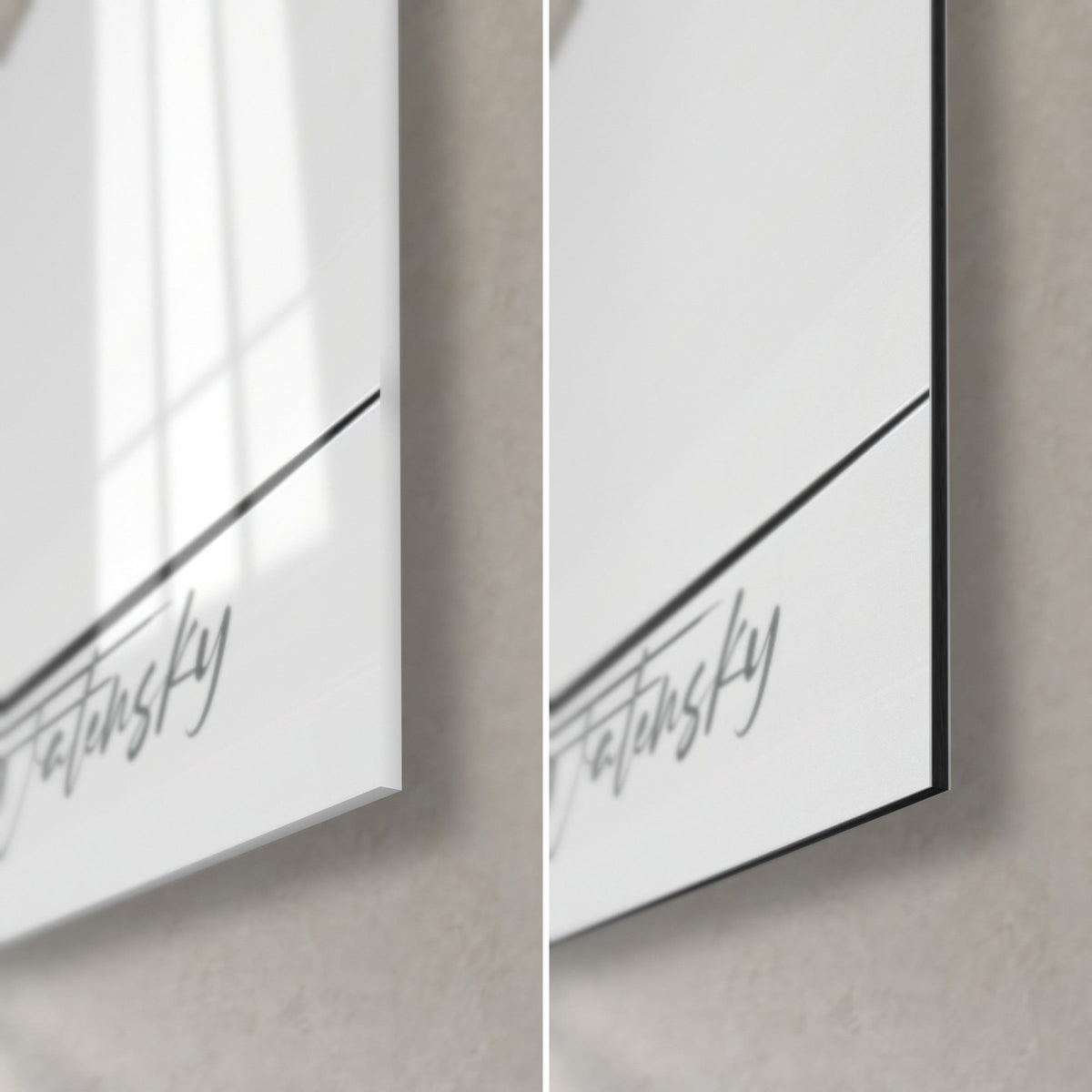 Wall art of an elephant deity, bottom right corner, glossy glass with white reflections and matte black Dibond, 3 mm edge, signature