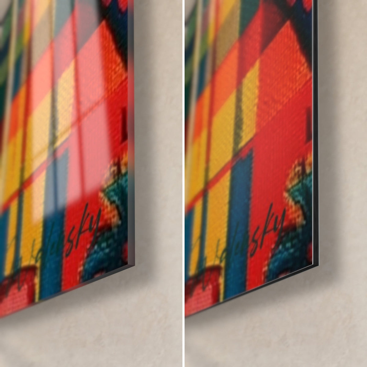 Wall art elephant deity in yellow and red tartan, bottom right corner, glossy glass on the left, matte Dibond on the right