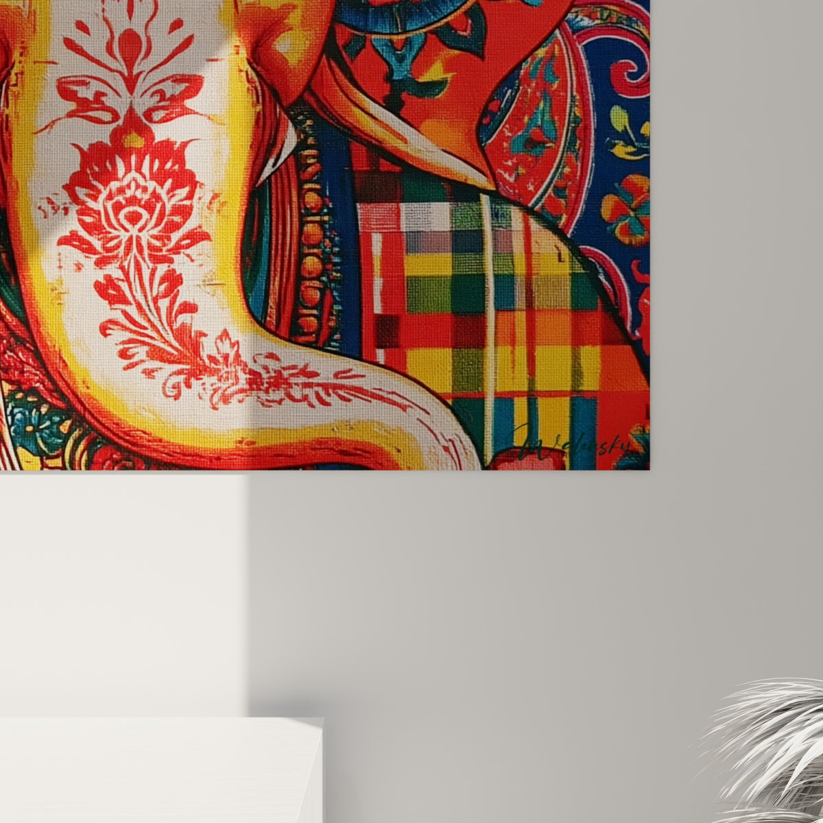 Détail des empâtements rouges et dorés sur le tronc de Ganesh révélant le grain de l'impression