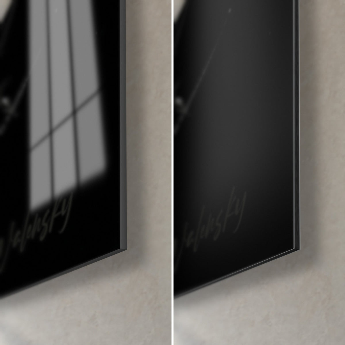 Tableau divinité éléphant en noir et blanc, coin bas droit : verre acrylique brillant à gauche, Dibond mat à droite, tranche de 3 mm