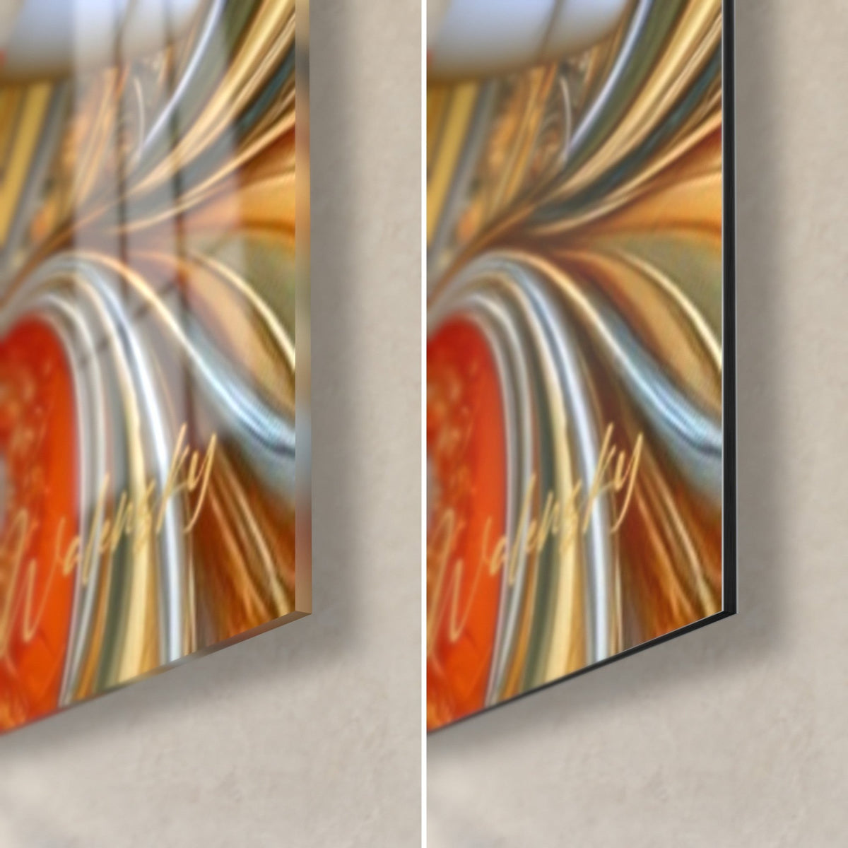Wall art icy blue pachyderm, golden spirals and coppery red, bottom right corner in glossy glass on the left, matte Dibond on the right